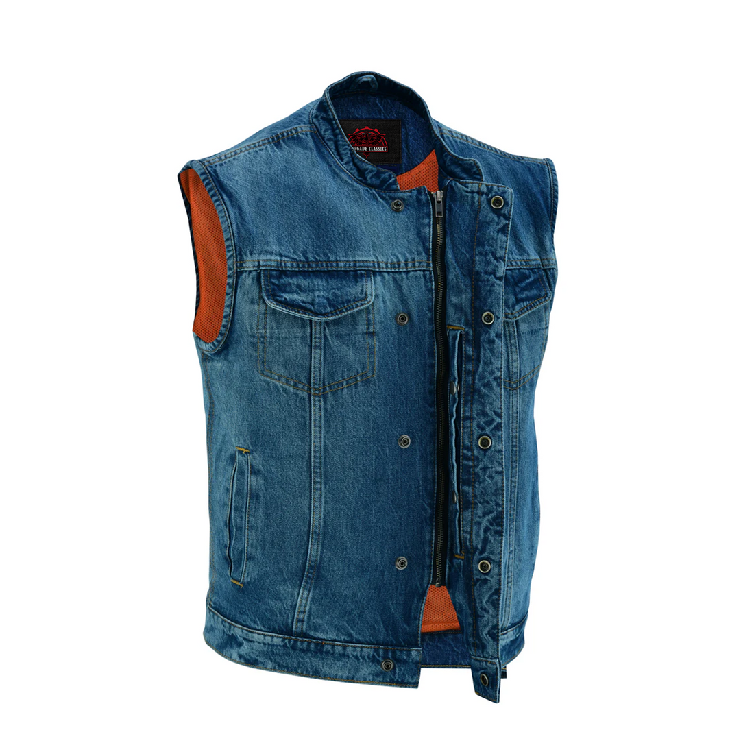 RM989BU Concealed Snap Closure, Denim Material, Scoop Collar & Hidden