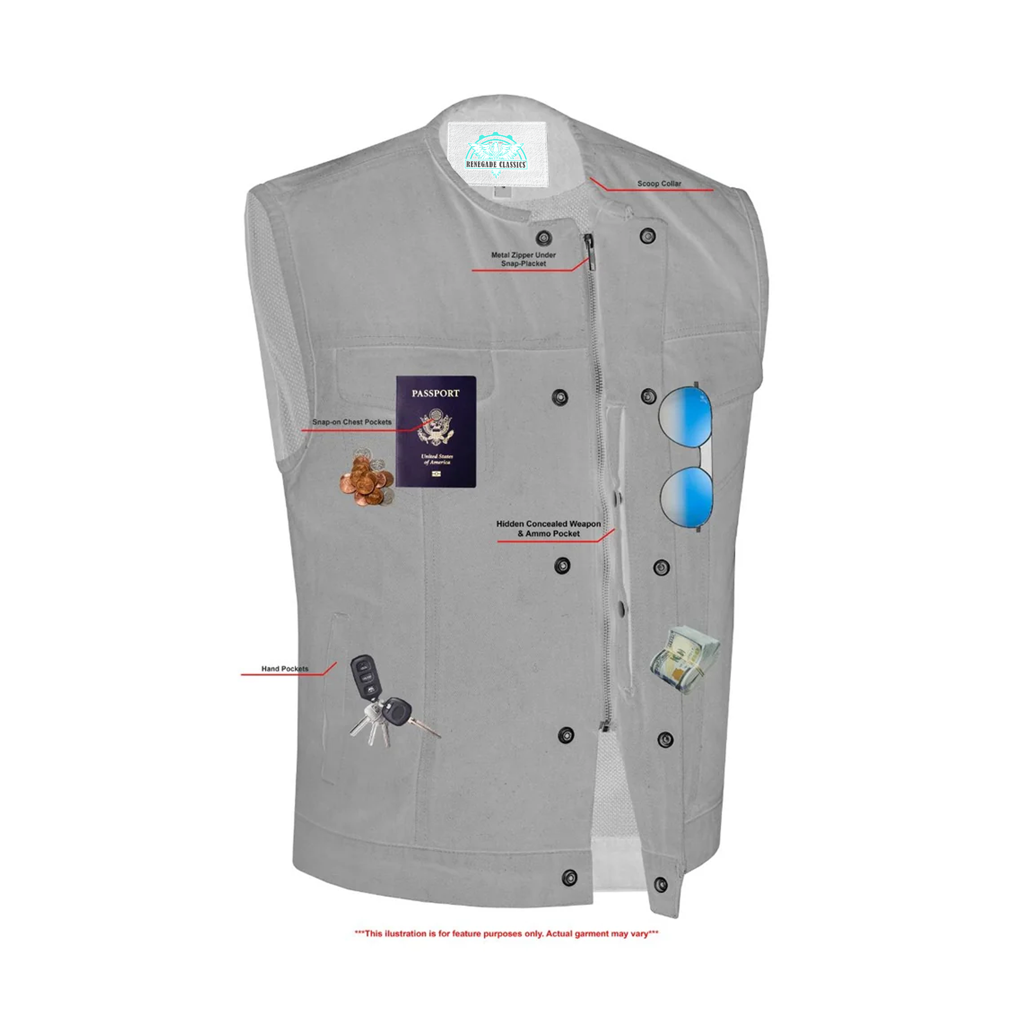 RM981BK Concealed Snaps, Denim Material, Hidden Zipper, w/o Collar