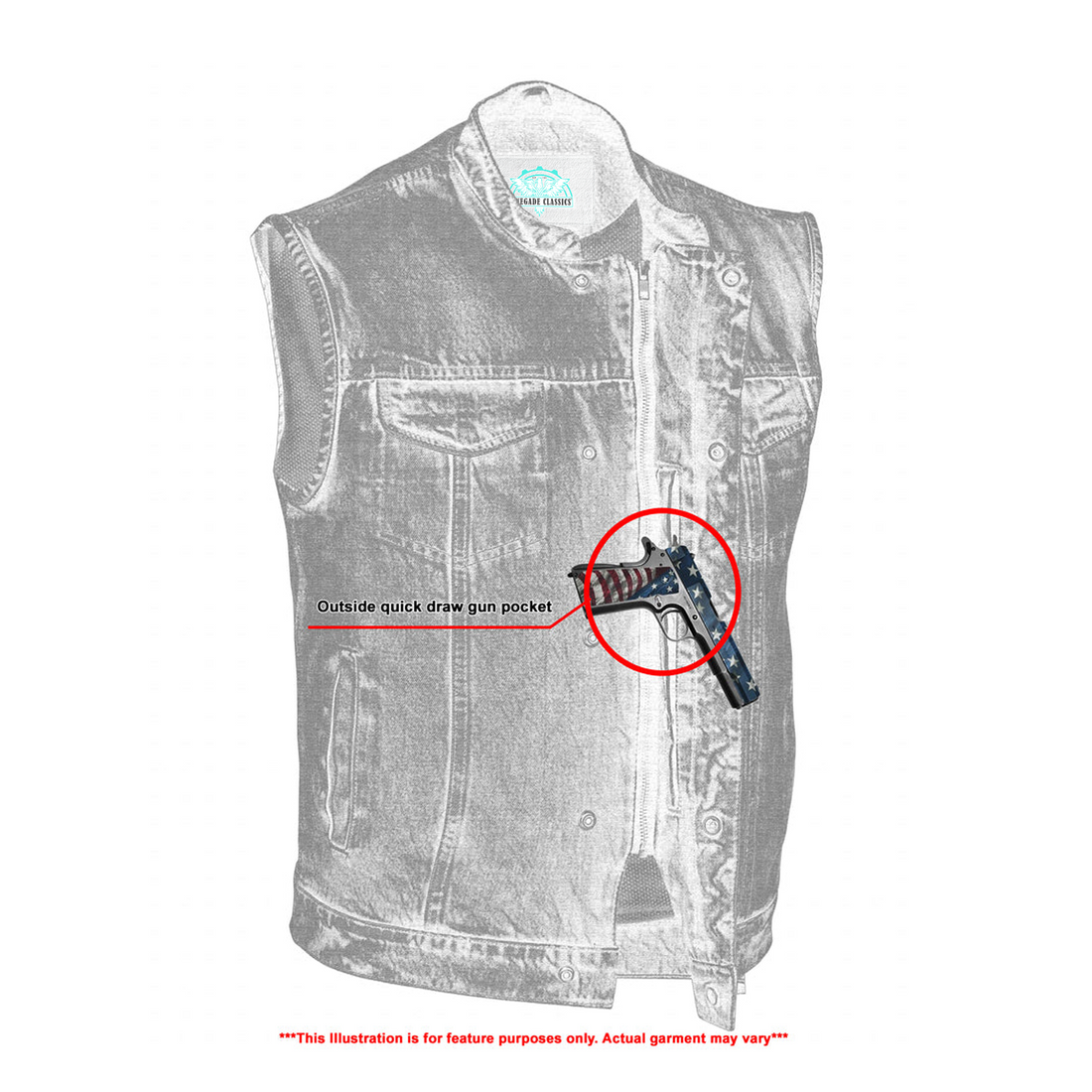 RM989BU Concealed Snap Closure, Denim Material, Scoop Collar & Hidden