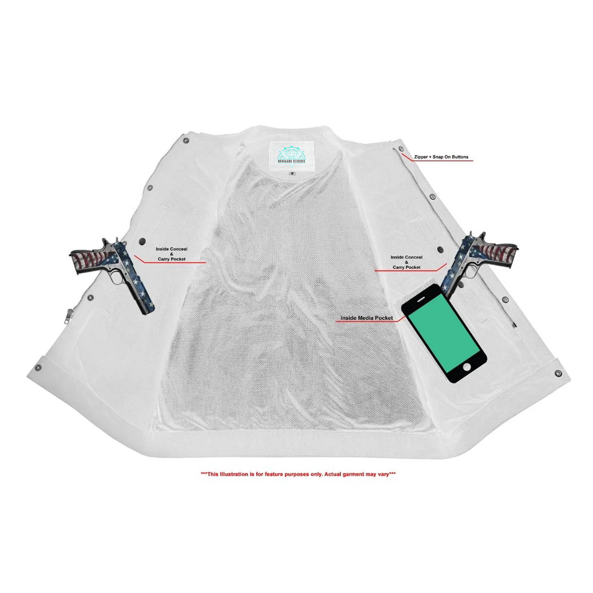 RM981BK Concealed Snaps, Denim Material, Hidden Zipper, w/o Collar