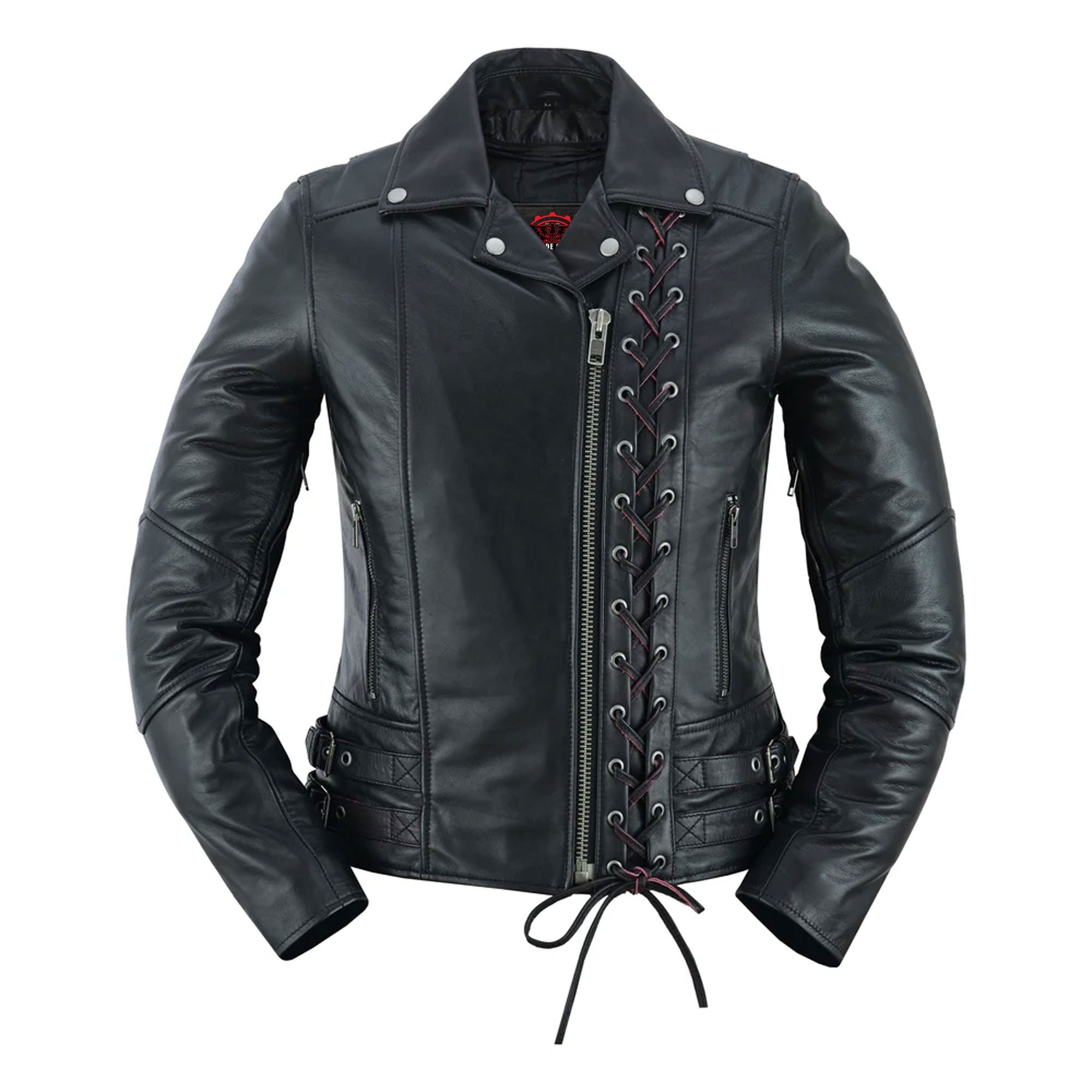 Black Pearl Women's Fashion Leather Jacket with Front Lace Accent
