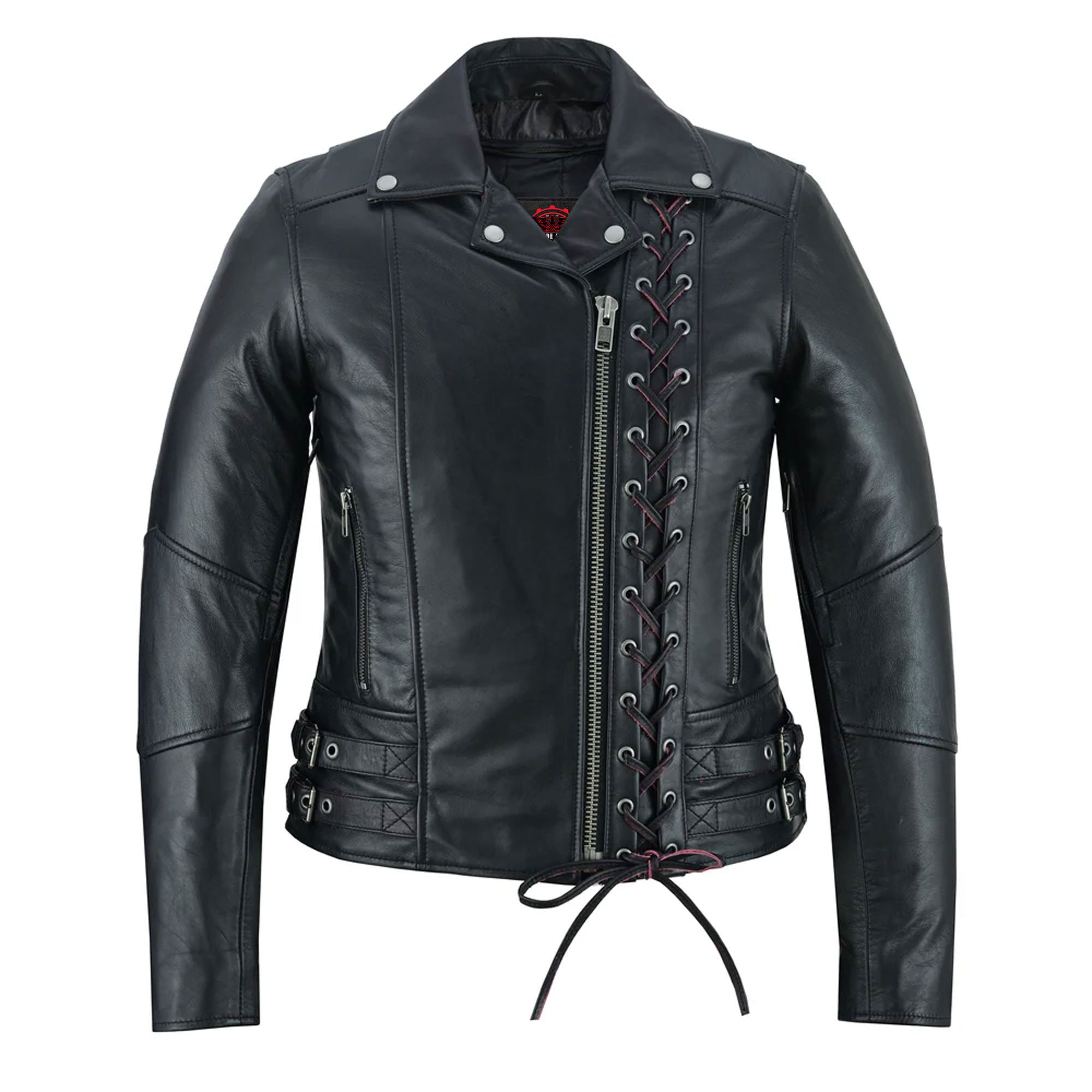 Black Pearl Women's Fashion Leather Jacket with Front Lace Accent