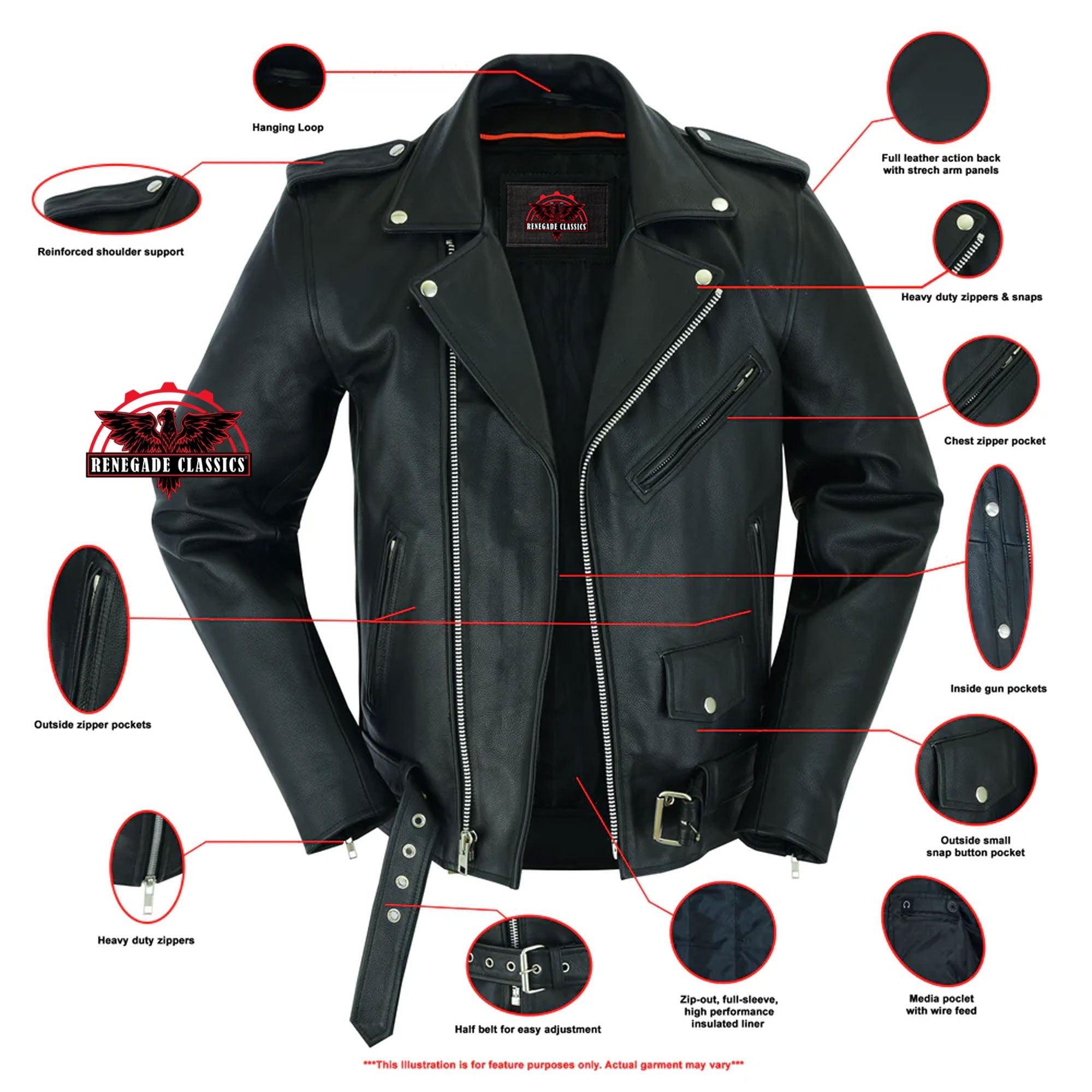 RC712TALL Men's Classic Plain Side Police Style M/C Jacket - TALL