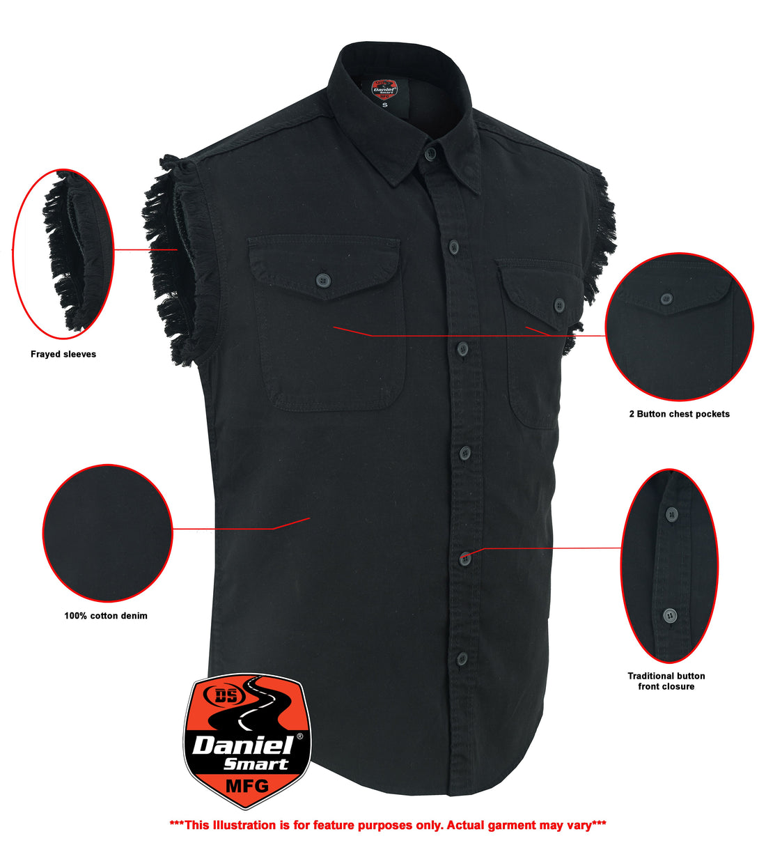 RM6001 Men's Black Lightweight Sleeveless Denim Shirt