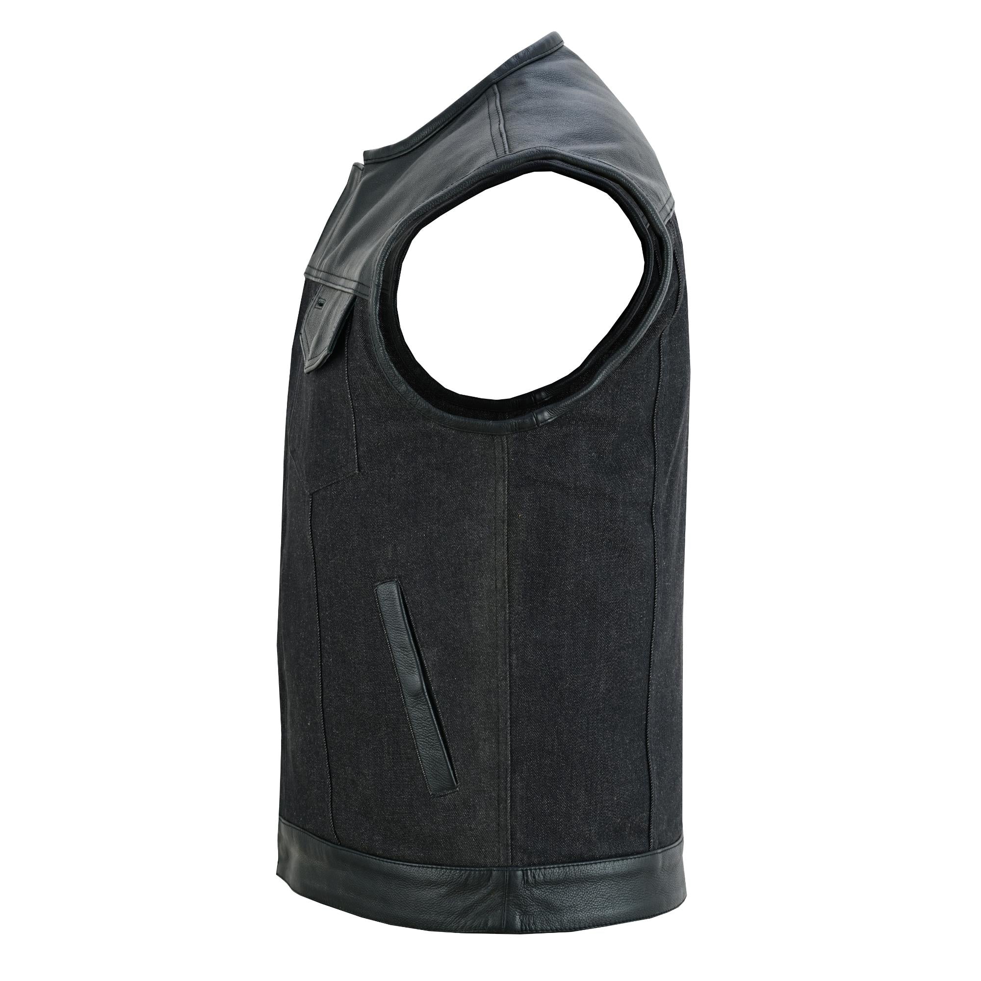 RM901   Men's Leather/Denim Combo Vest Without Collar