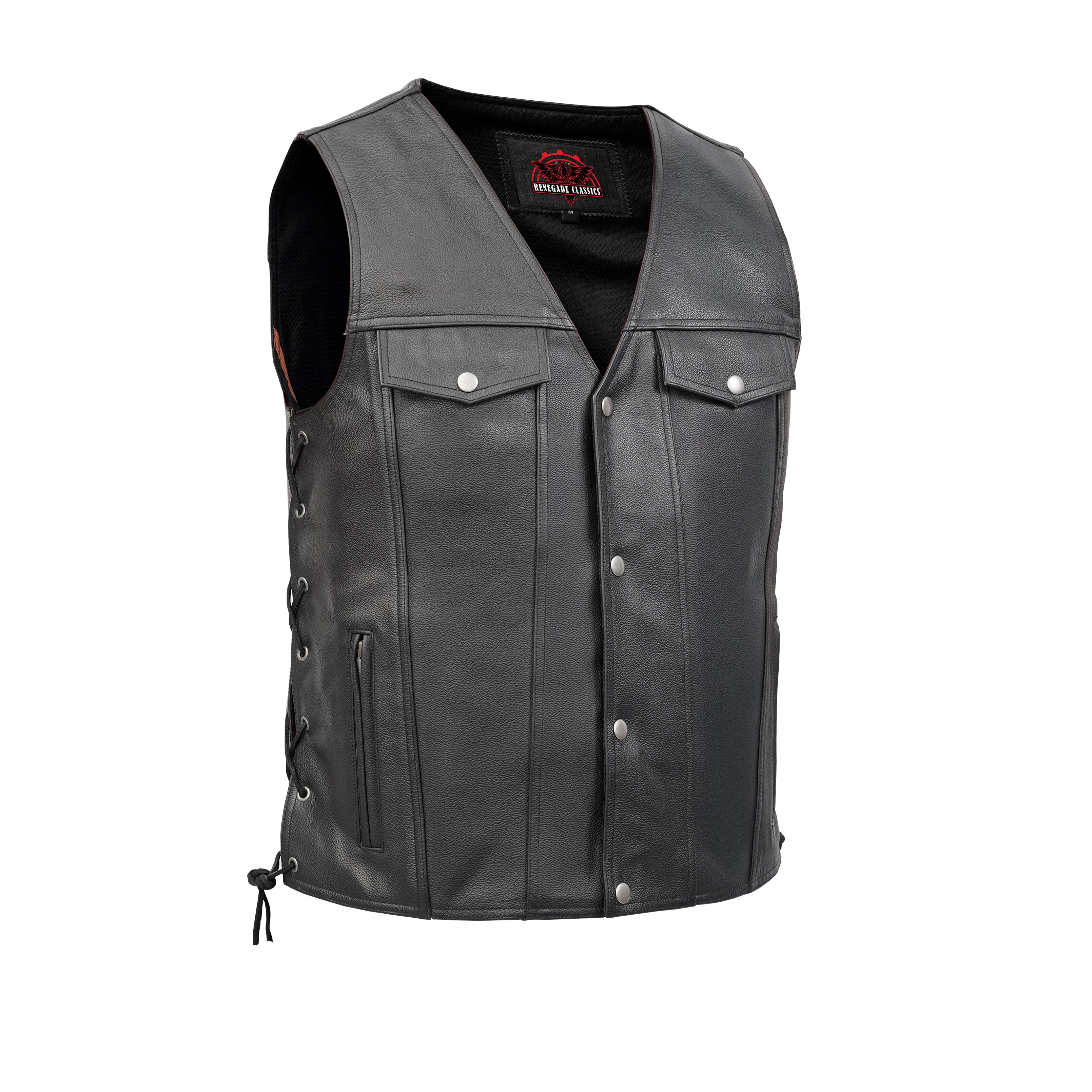 RC124 Men's Black Leather Vest with Side Laces and Gun Pockets