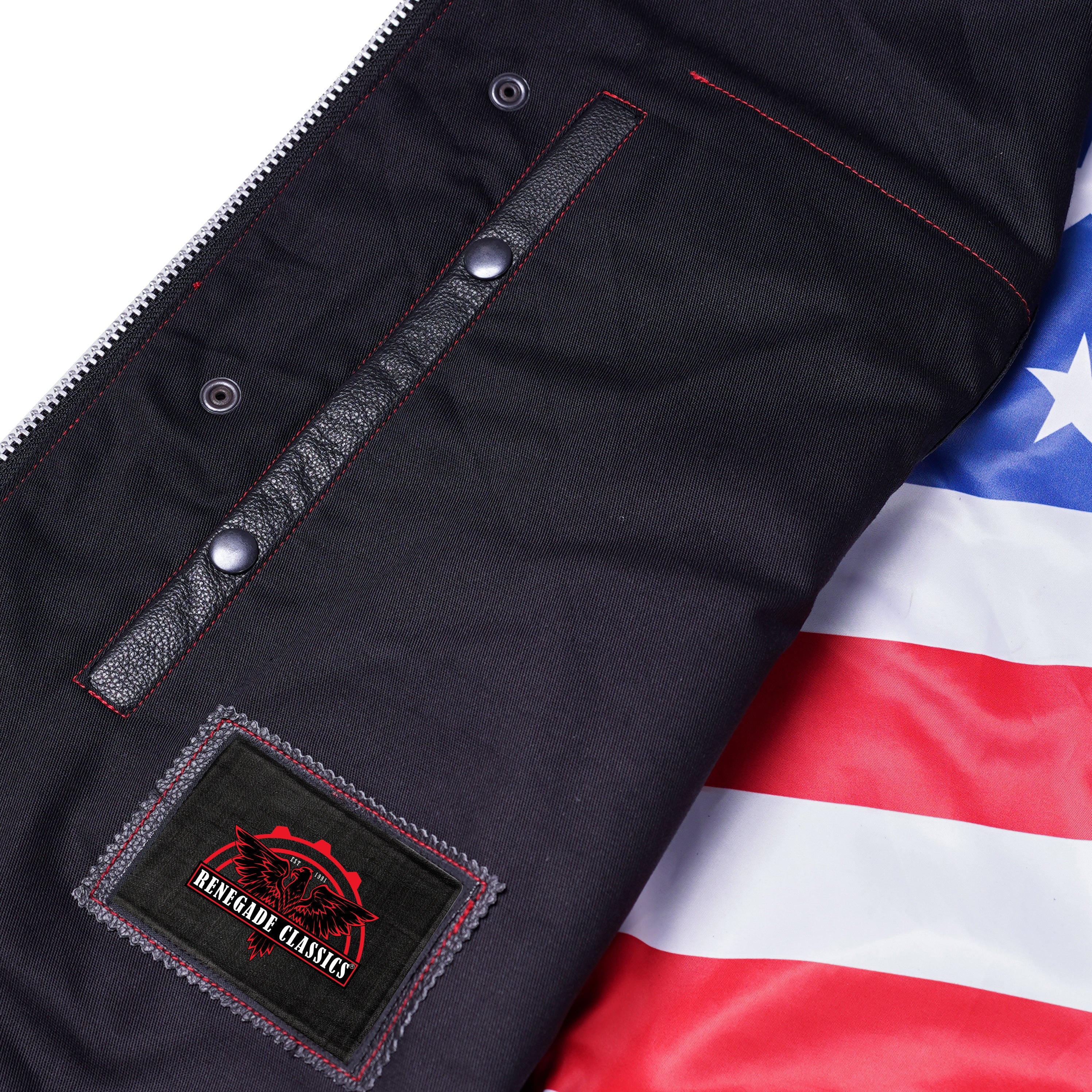RC155 Men's Leather Vest with Red Stitching and USA Inside Flag Lining