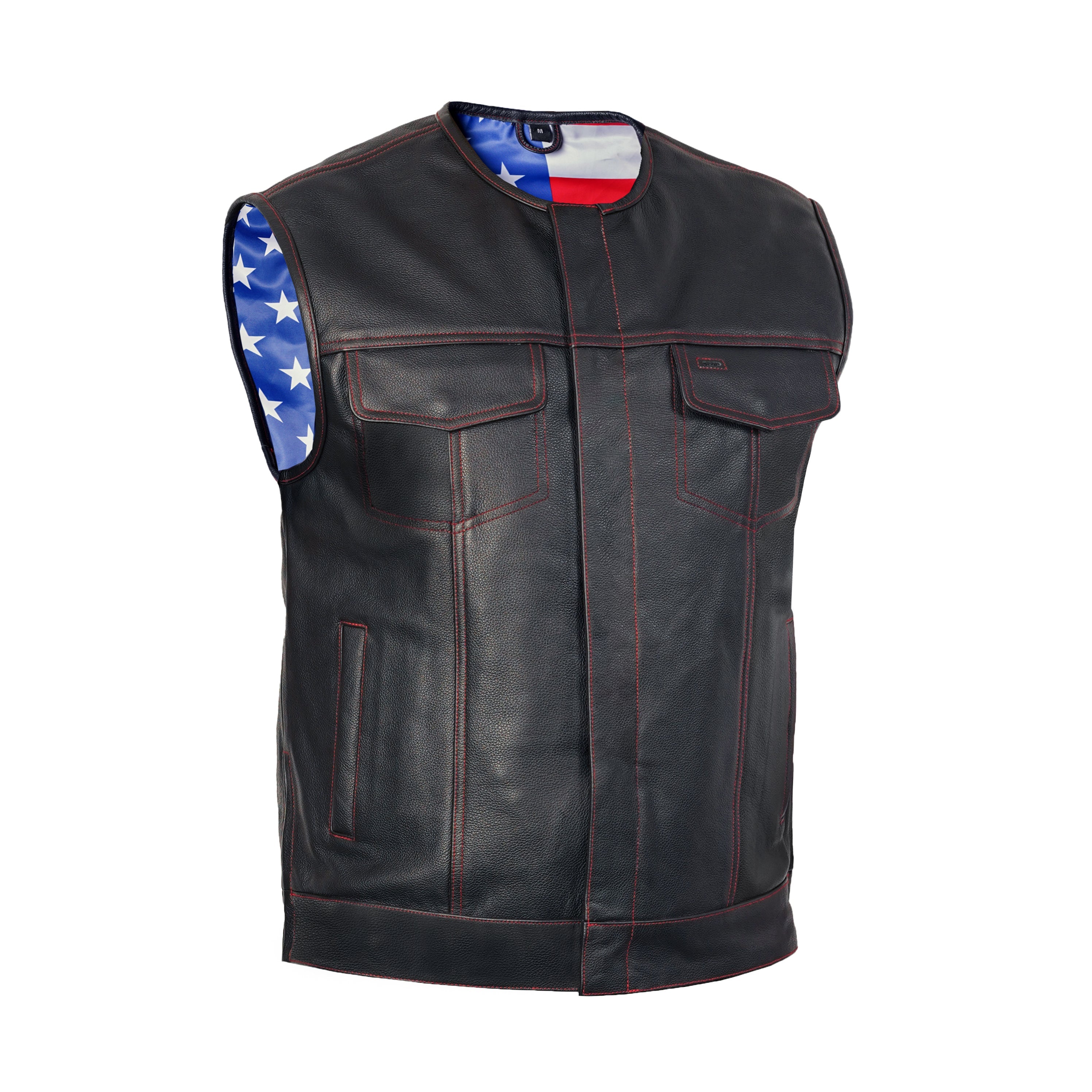 RC155 Men's Leather Vest with Red Stitching and USA Inside Flag Lining