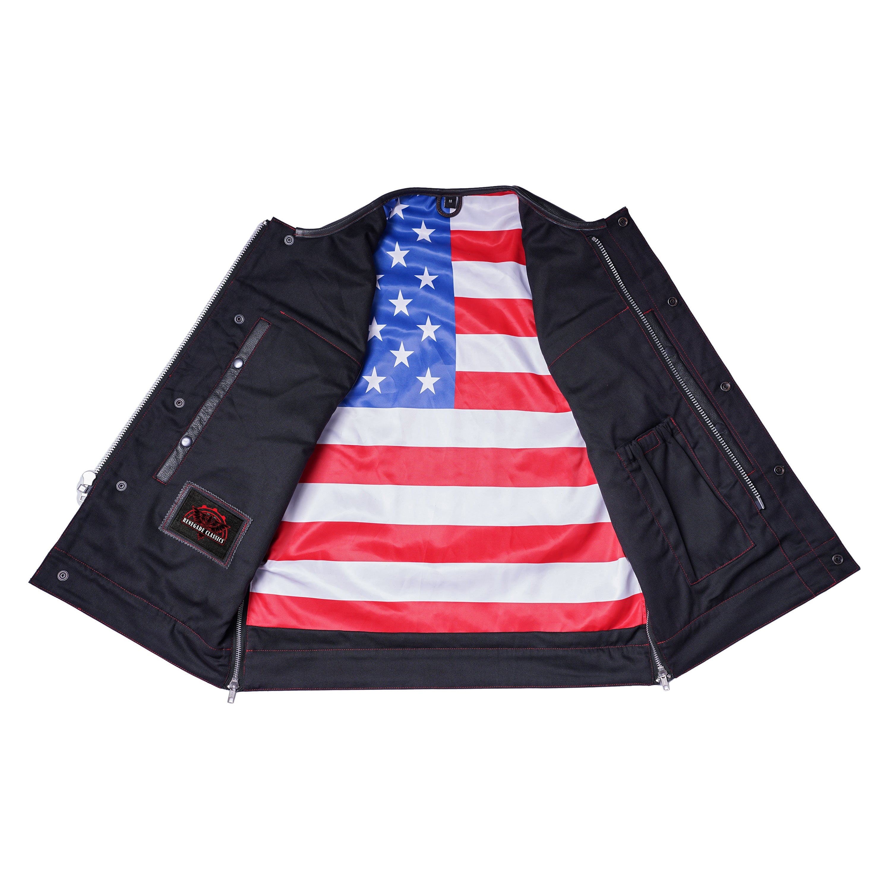 RC155 Men's Leather Vest with Red Stitching and USA Inside Flag Lining