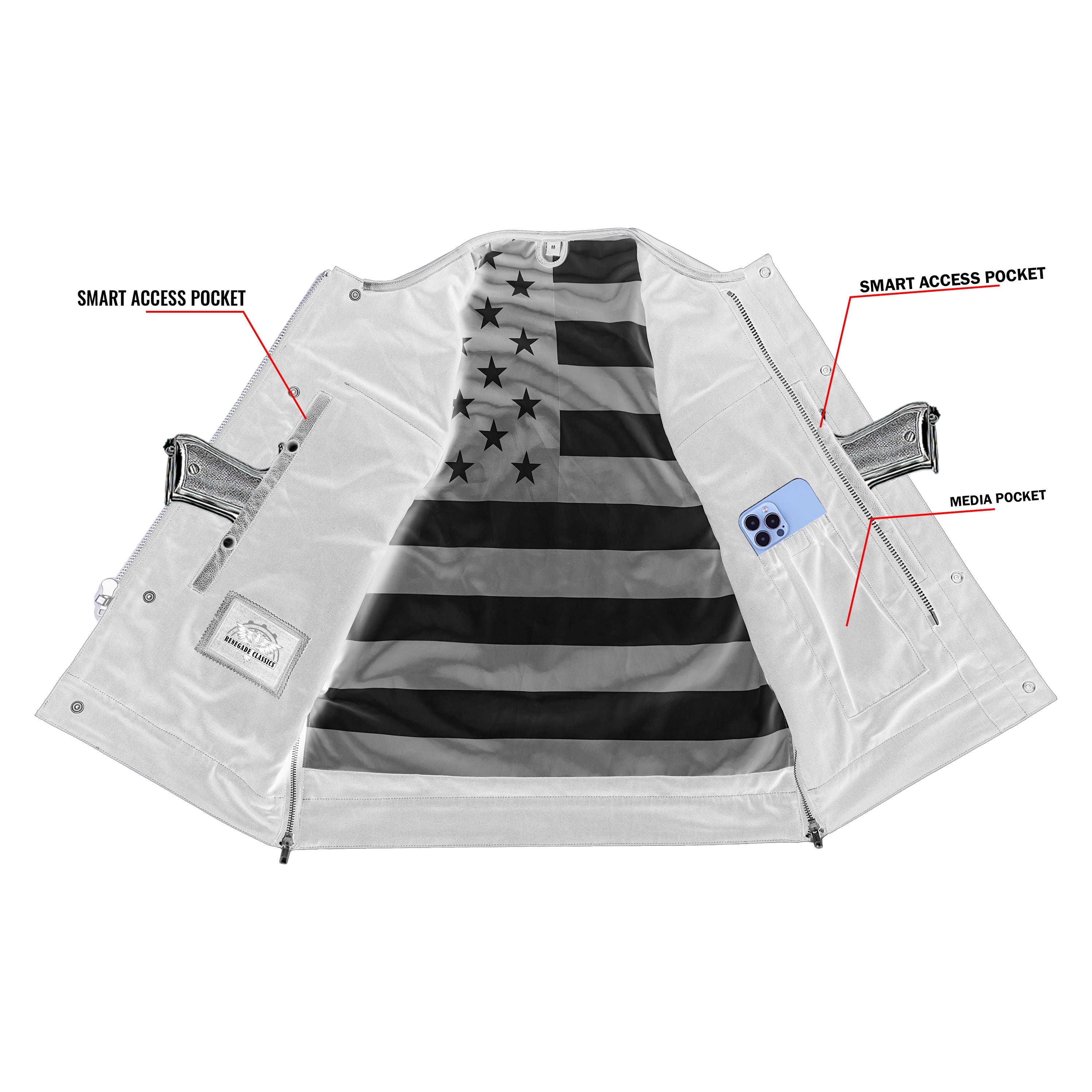 RC155 Men's Leather Vest with Red Stitching and USA Inside Flag Lining