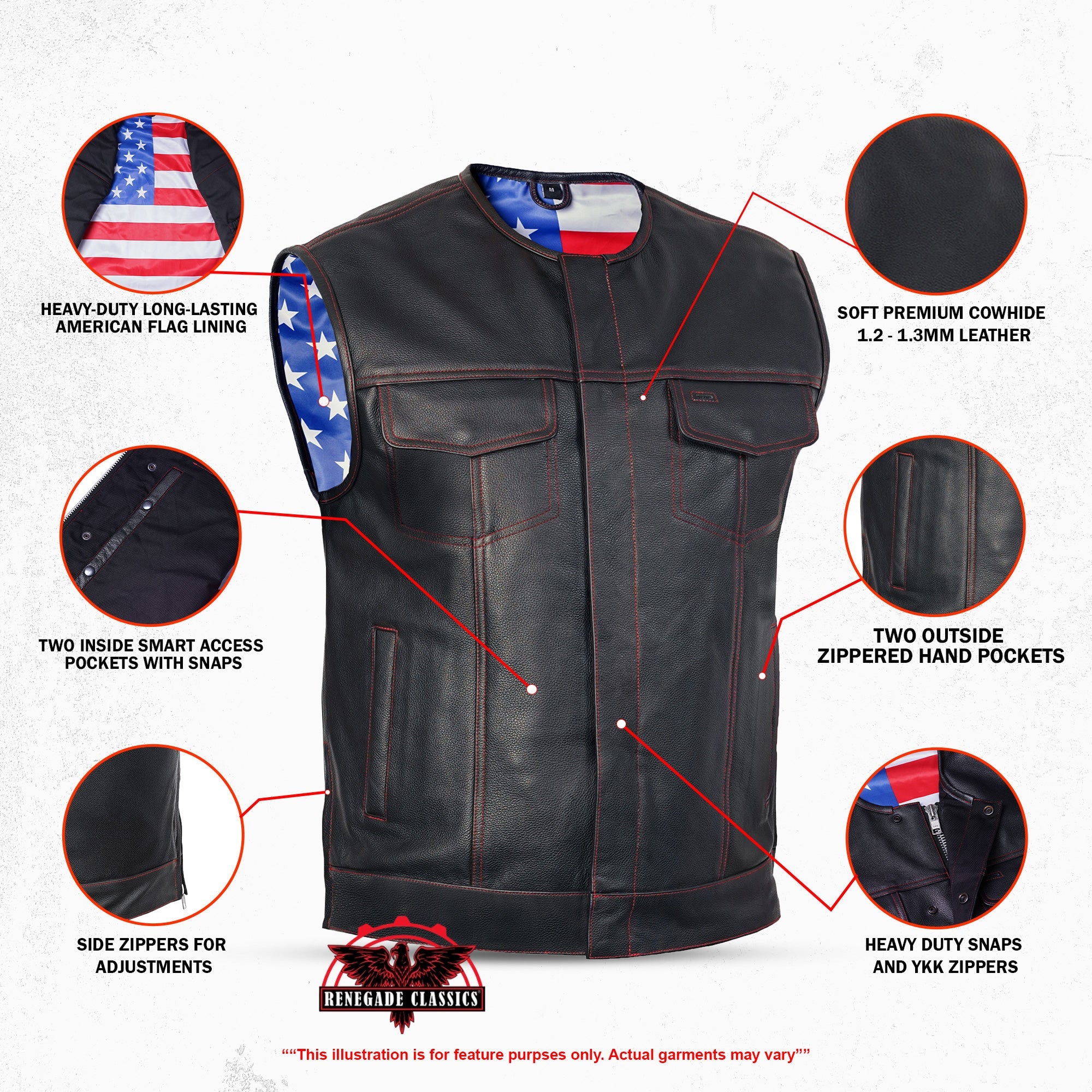 RC155 Men's Leather Vest with Red Stitching and USA Inside Flag Lining