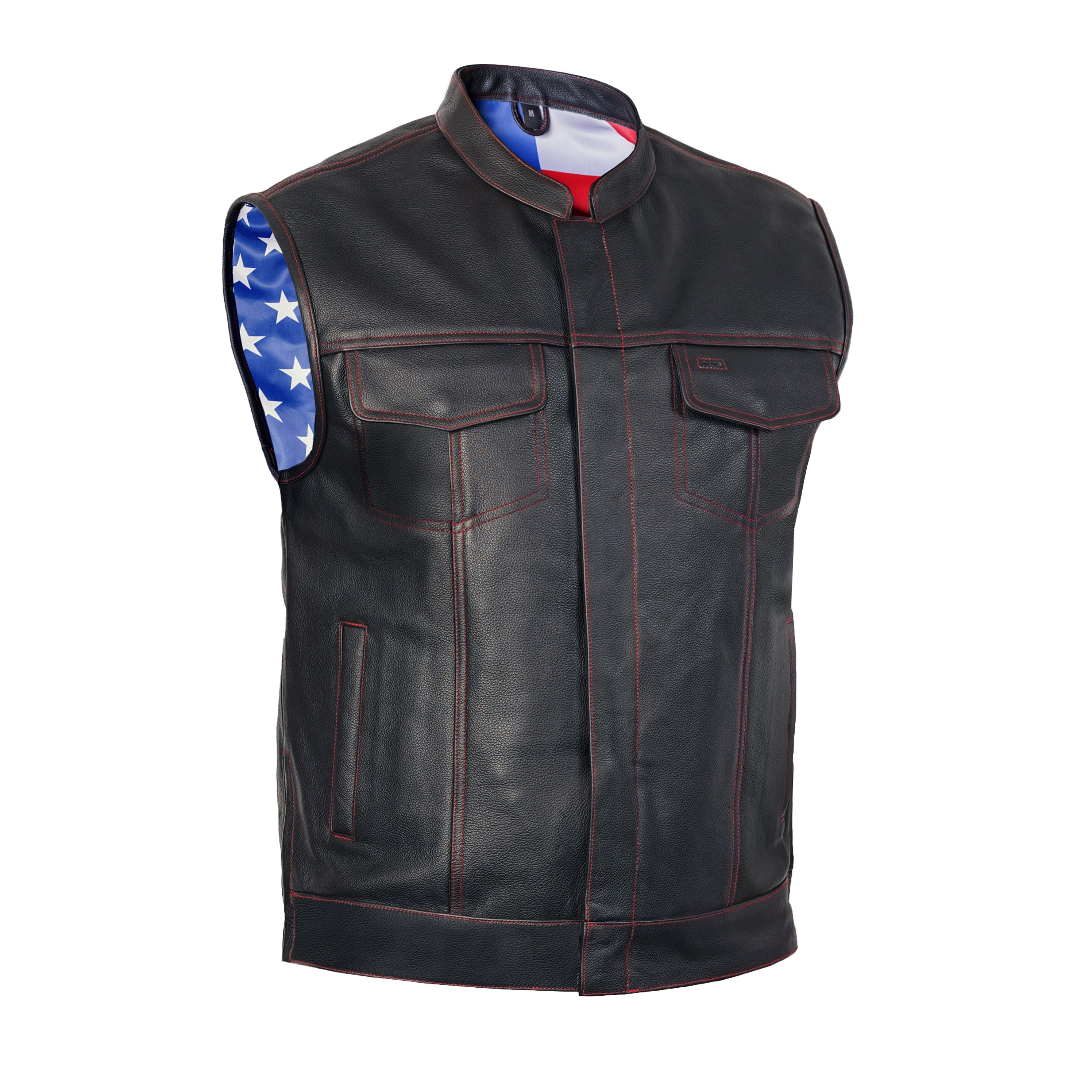RC165 MEN'S LEATHER VEST WITH RED STITCHING AND USA INSIDE FLAG LININ