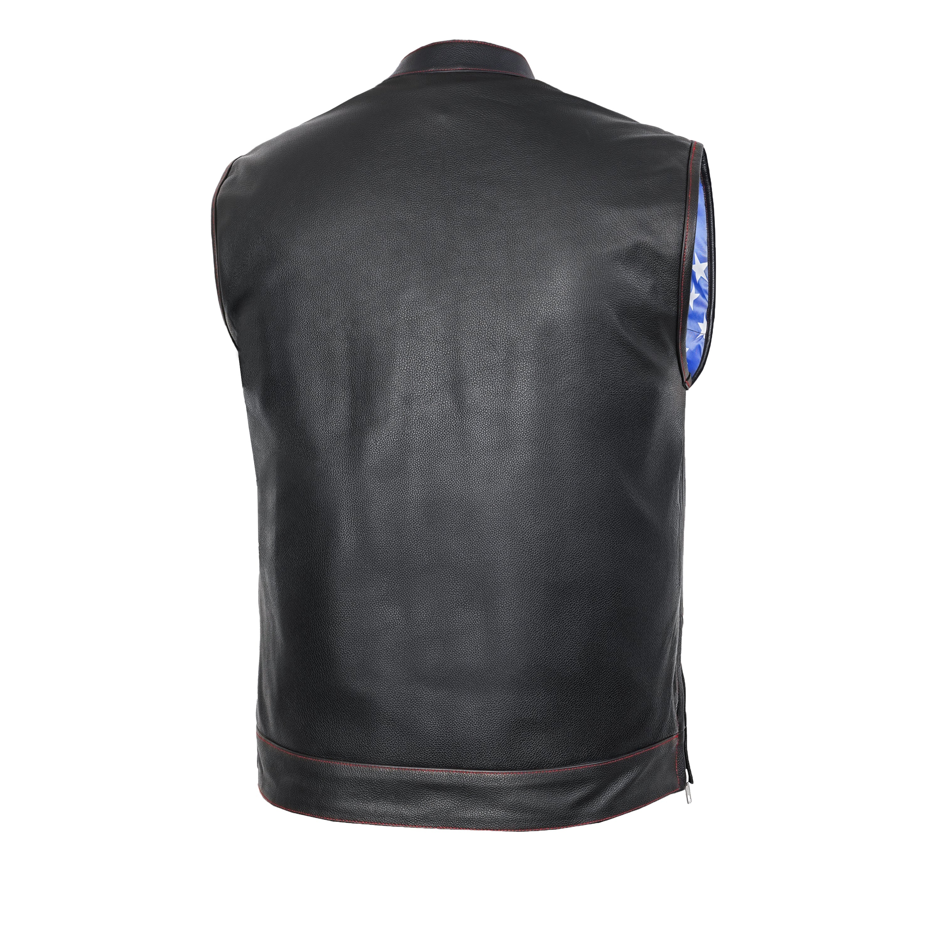 RC165 MEN'S LEATHER VEST WITH RED STITCHING AND USA INSIDE FLAG LININ