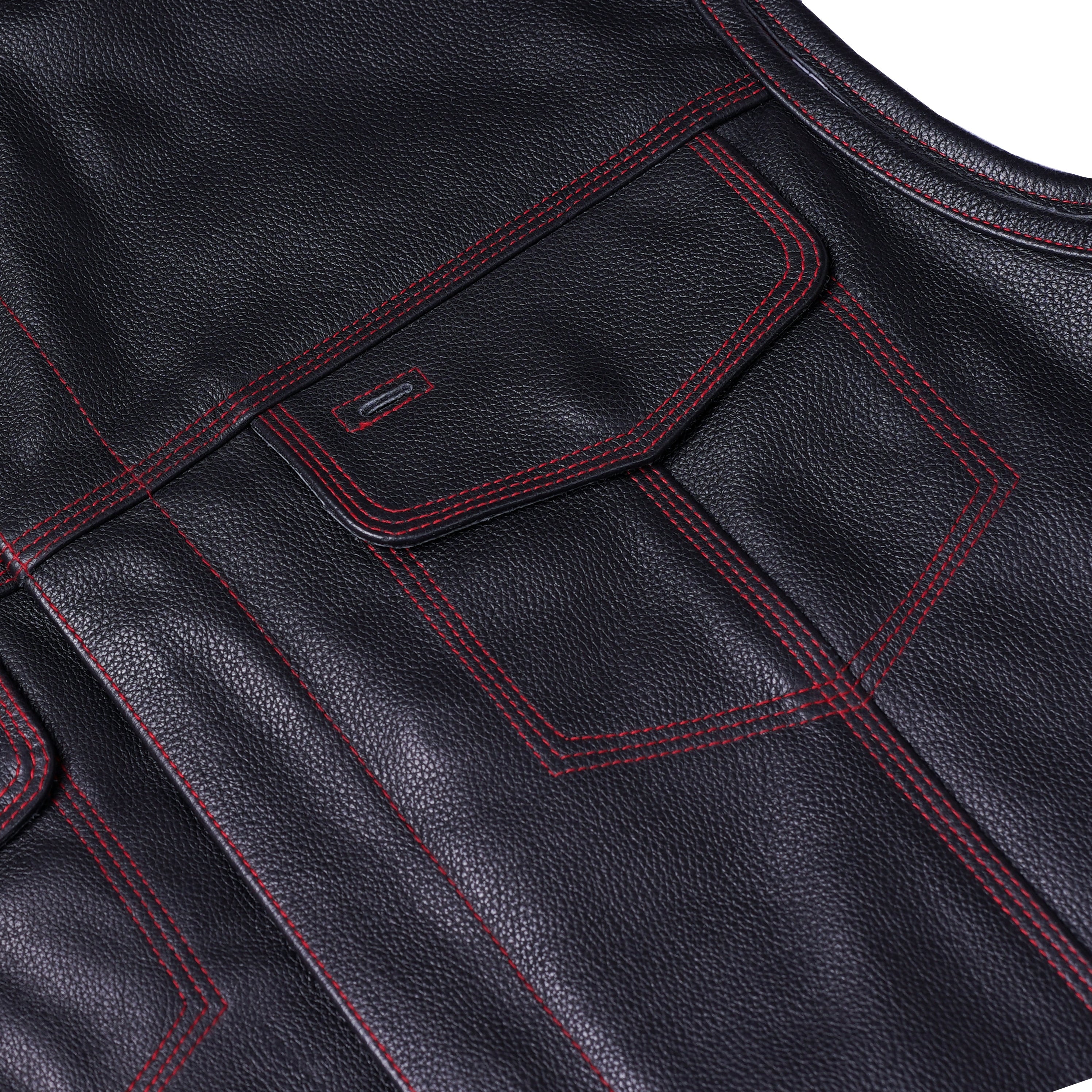 RC165 MEN'S LEATHER VEST WITH RED STITCHING AND USA INSIDE FLAG LININ