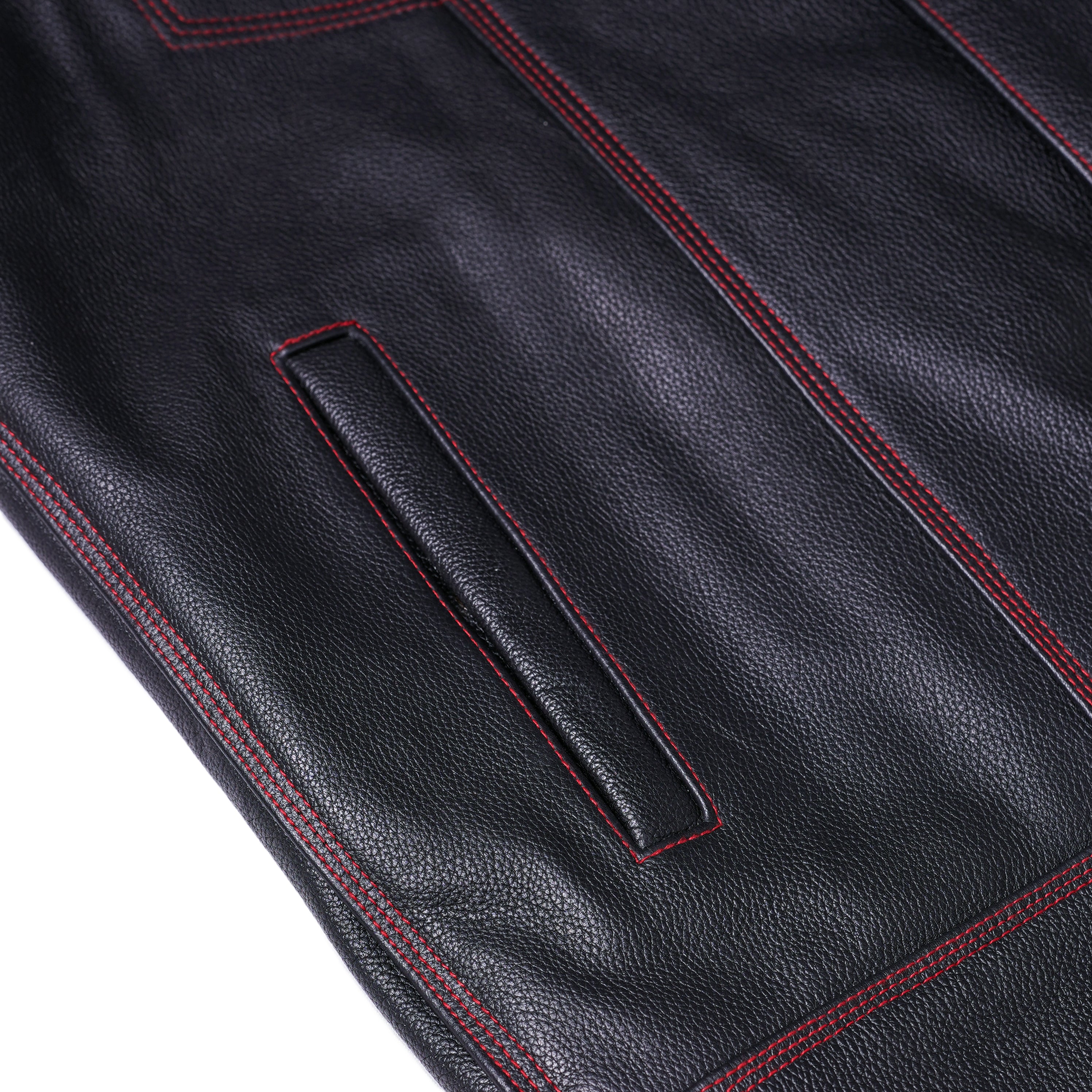 RC165 MEN'S LEATHER VEST WITH RED STITCHING AND USA INSIDE FLAG LININ