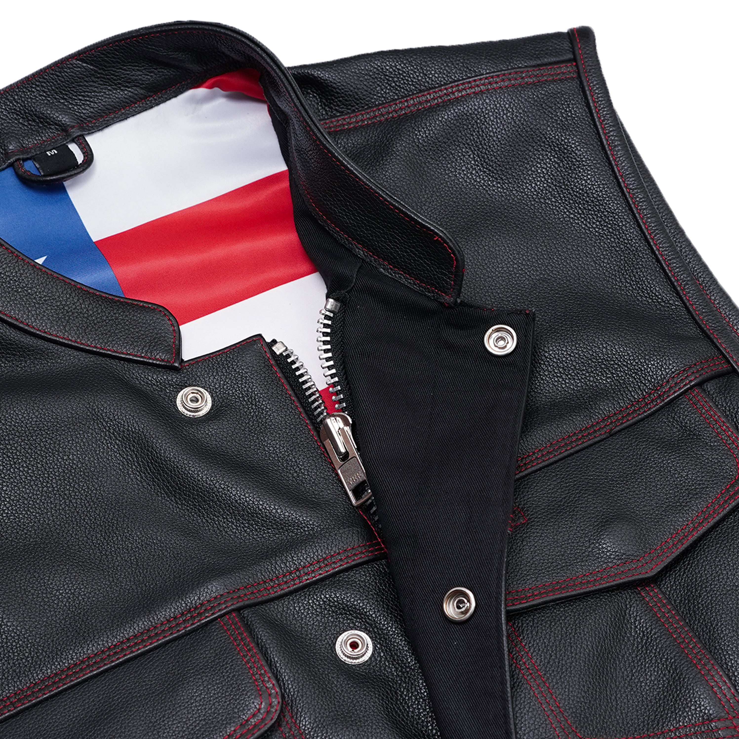 RC165 MEN'S LEATHER VEST WITH RED STITCHING AND USA INSIDE FLAG LININ