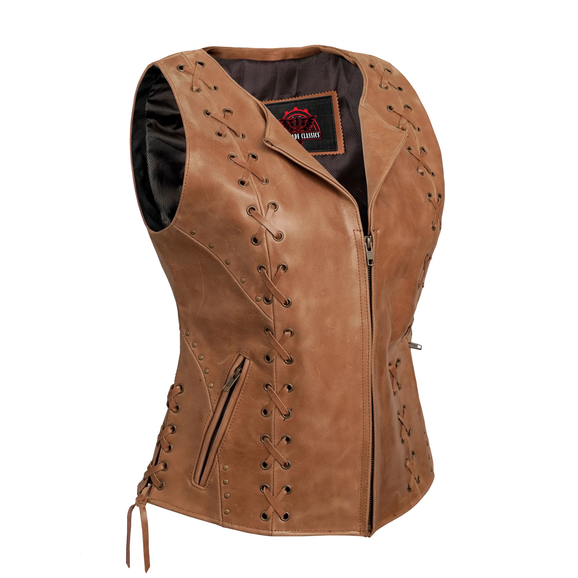 RC236 Women's Brown Zippered Vest with Lacing Details