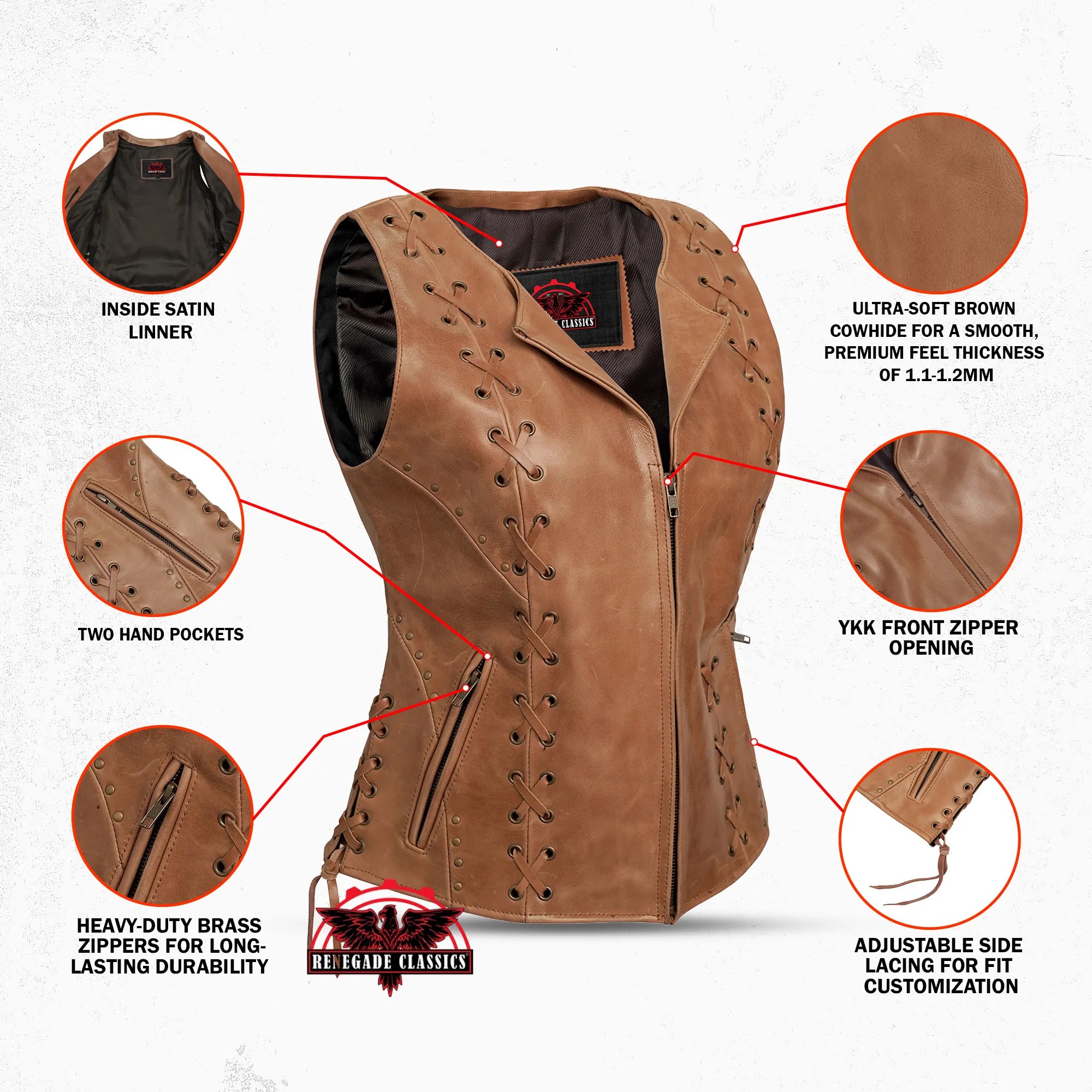 RC236 Women's Brown Zippered Vest with Lacing Details
