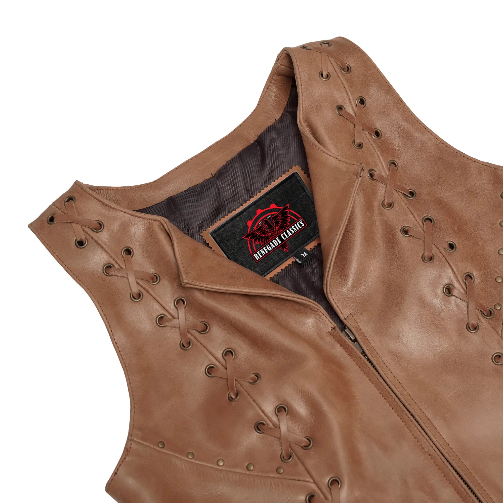 RC236 Women's Brown Zippered Vest with Lacing Details