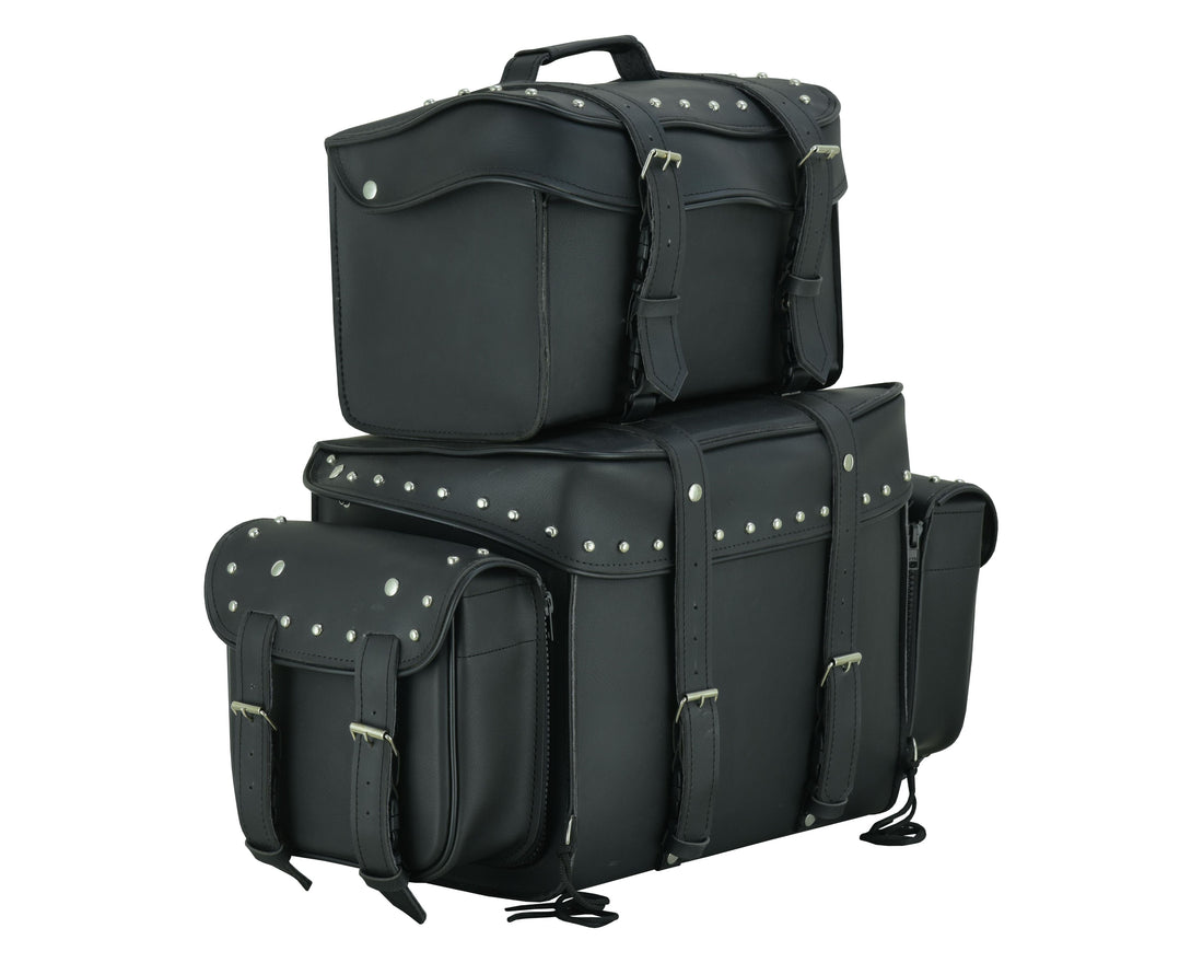 RC350S Leather Black PVC Large 4 Piece Motorcycle Touring Tail Bag wi