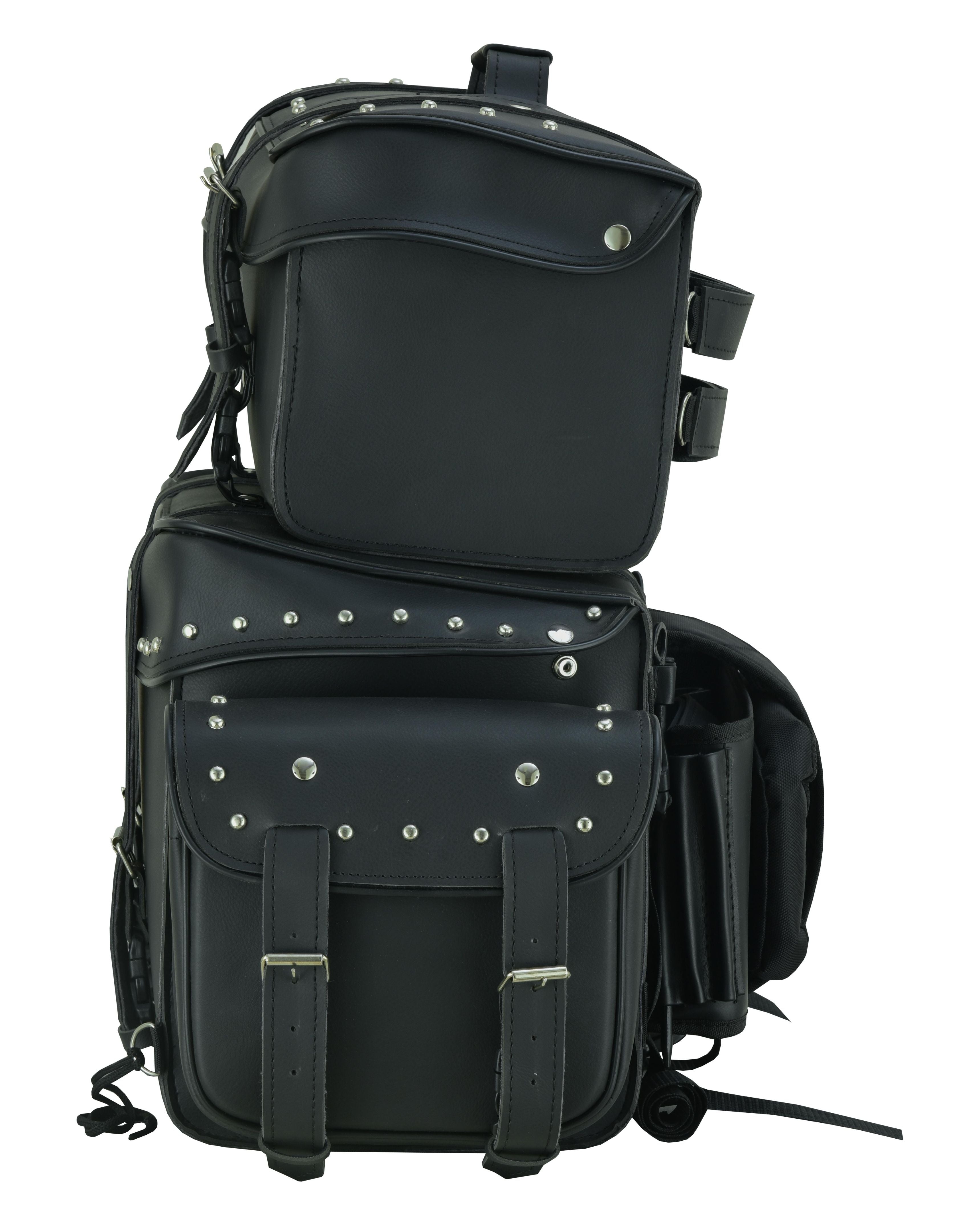 RC350S Leather Black PVC Large 4 Piece Motorcycle Touring Tail Bag wi