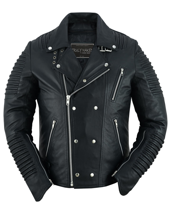 Black Ace Men's Black Fashion Leather Jacket with Ribbed Accents