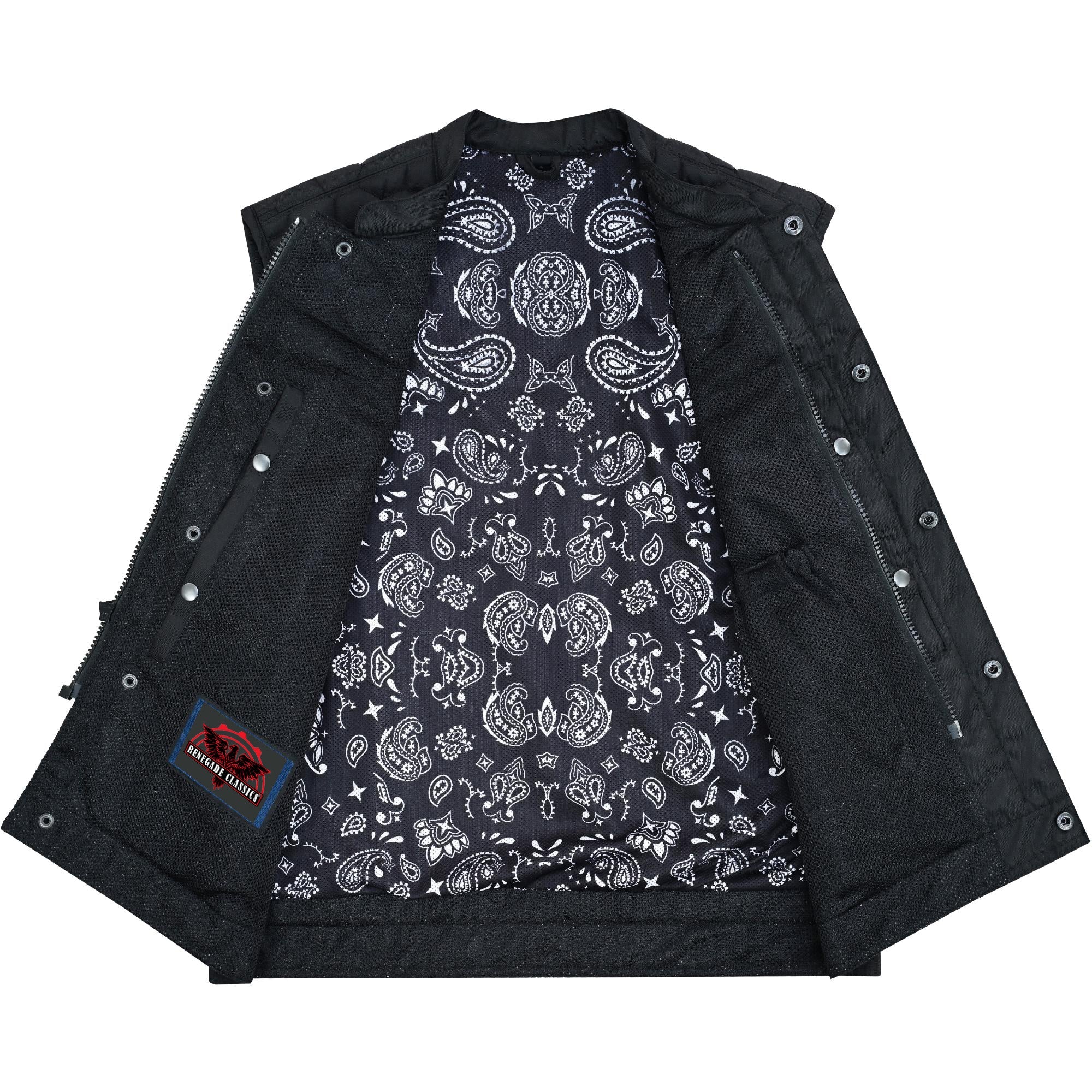 Mesh Rave Men’s Black Mesh Textile Vest with Black Paisley Liner