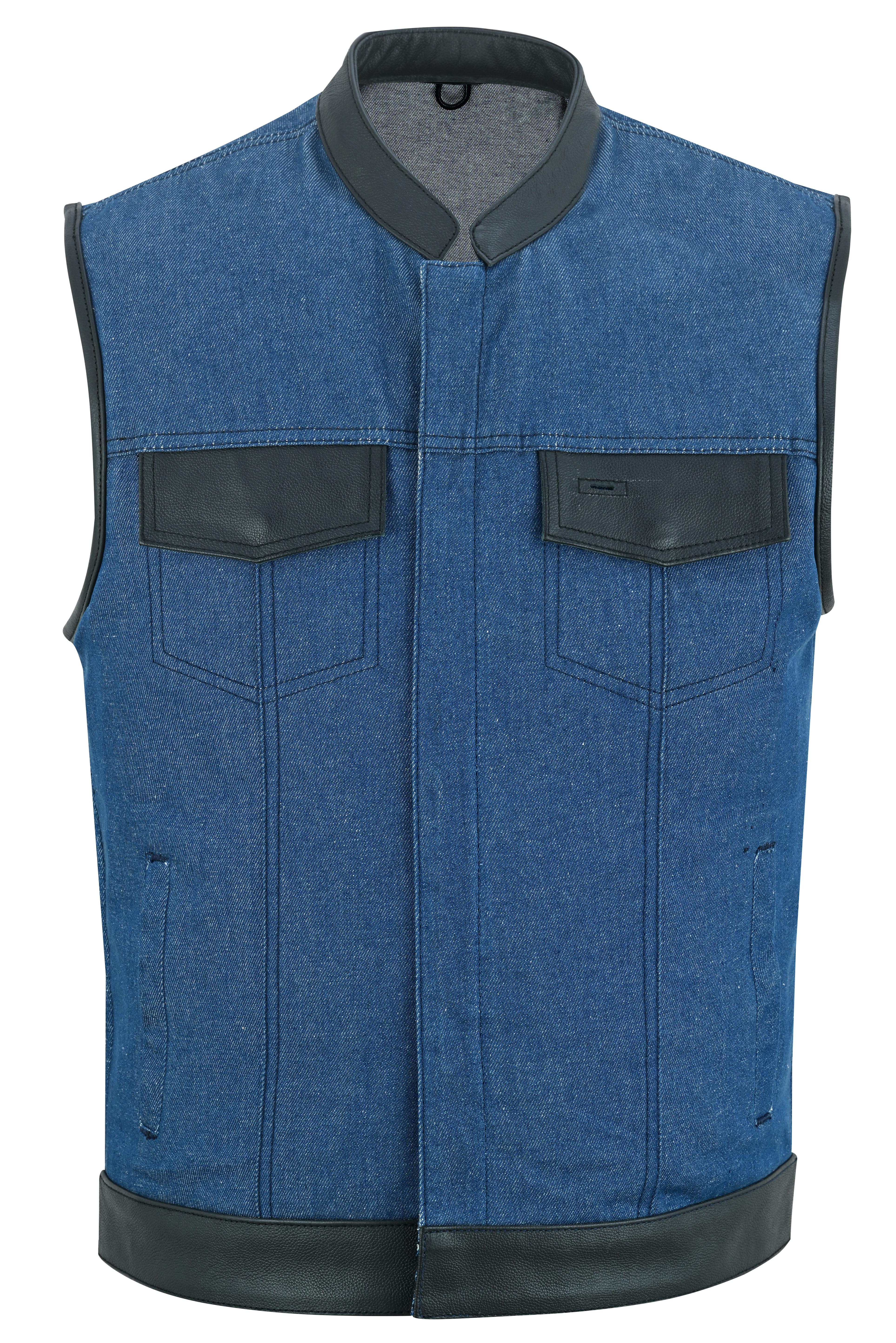 RM961 Men's Broken Blue RoughRub-Off Raw Finish Denim Vest W/Leather