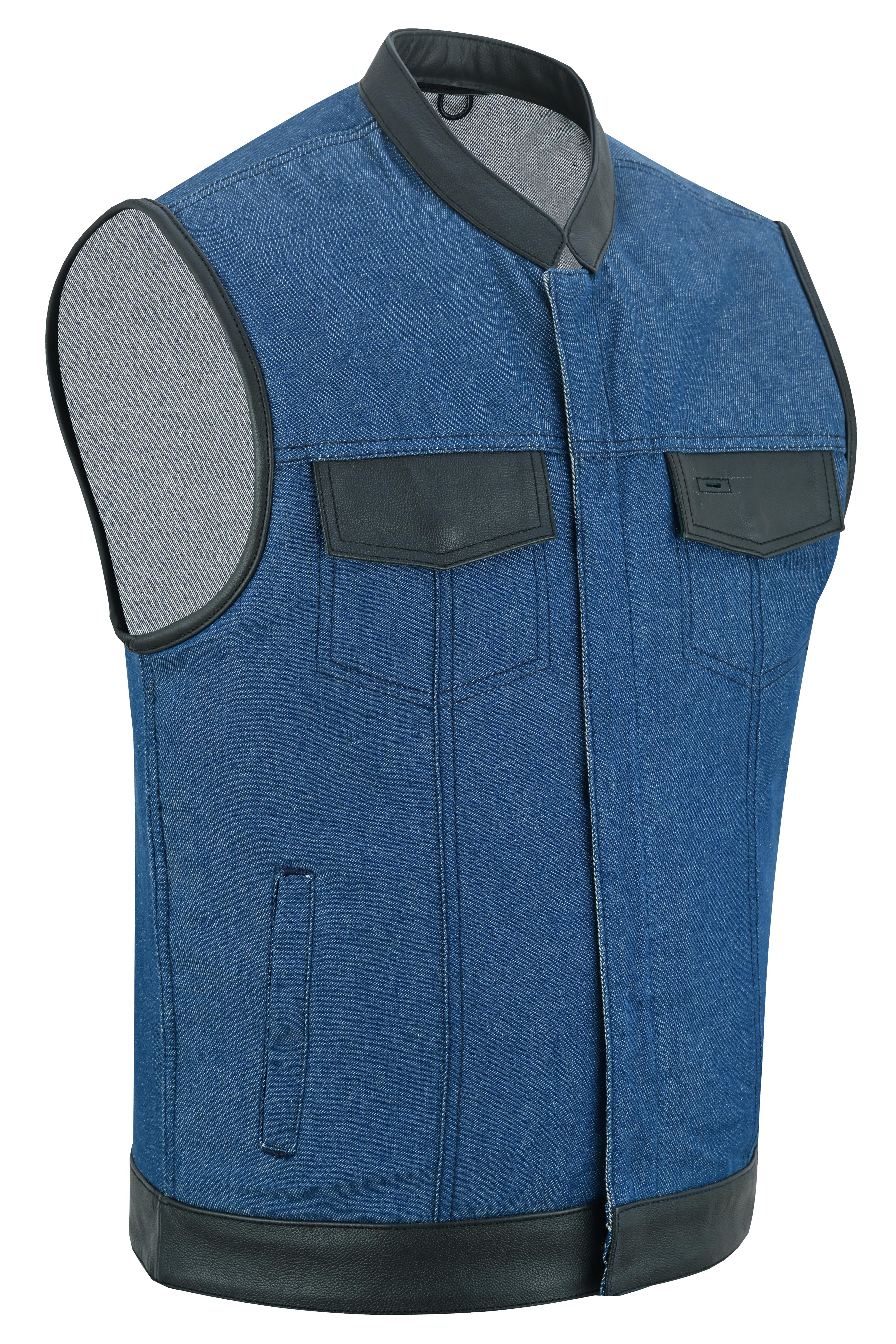 RM961 Men's Broken Blue RoughRub-Off Raw Finish Denim Vest W/Leather