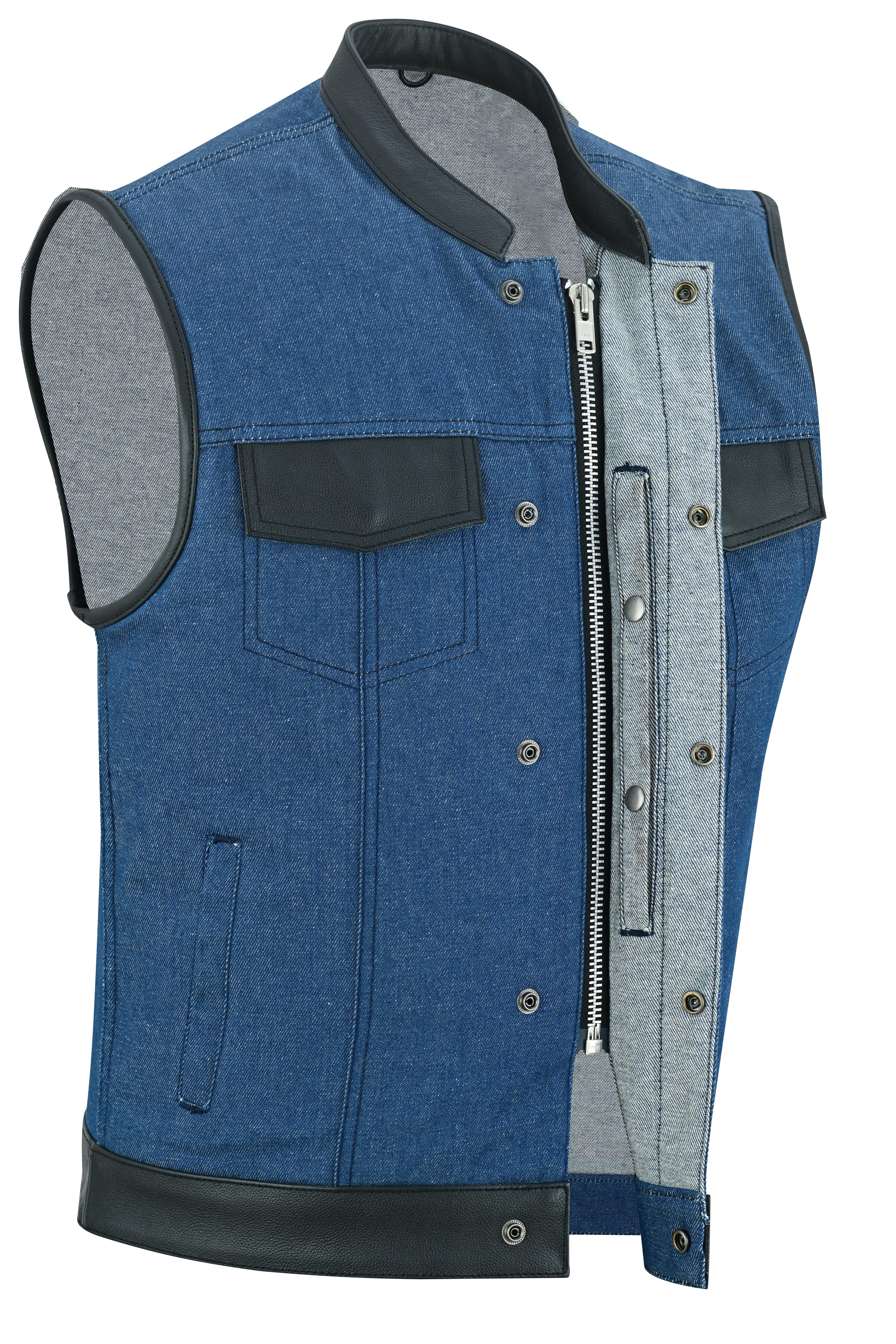 RM961 Men's Broken Blue RoughRub-Off Raw Finish Denim Vest W/Leather