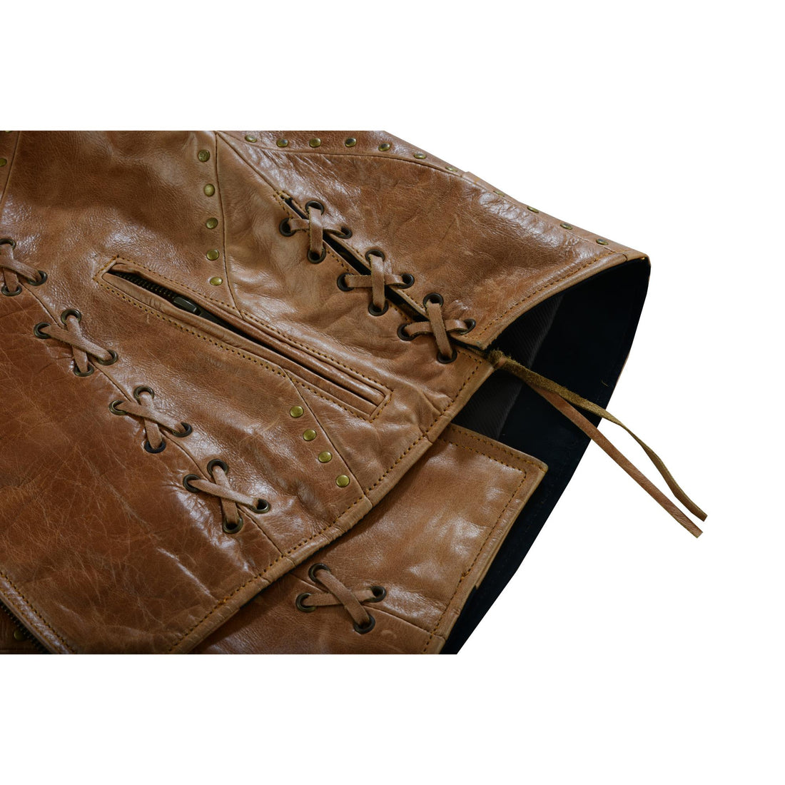 RC236 Women's Brown Zippered Vest with Lacing Details