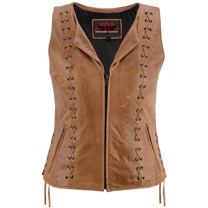 RC236 Women's Brown Zippered Vest with Lacing Details