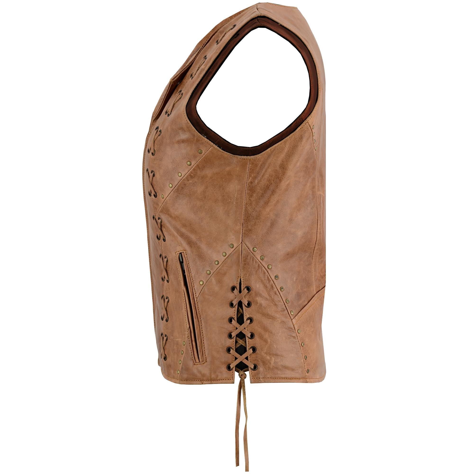 RC236 Women's Brown Zippered Vest with Lacing Details