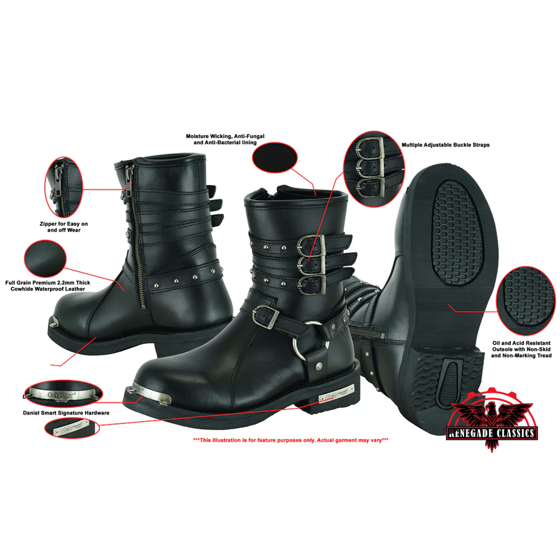 RC9767 Women's 9 Inch Black Triple Buckle Leather Harness Boot