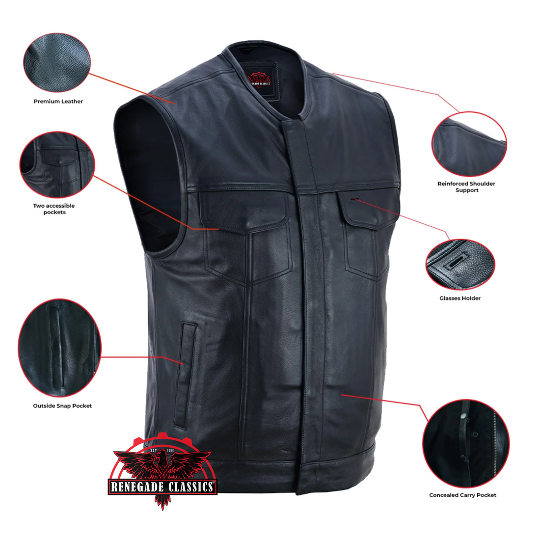 RC181A Concealed Snap Closure, Milled Cowhide, Without Collar & Hidde