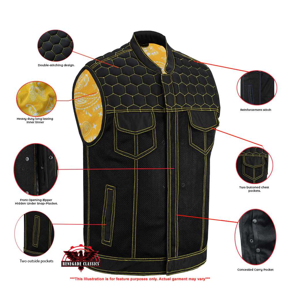 Gloom Gold Men’s Black Mesh Textile Vest with Yellow Thread Detailing