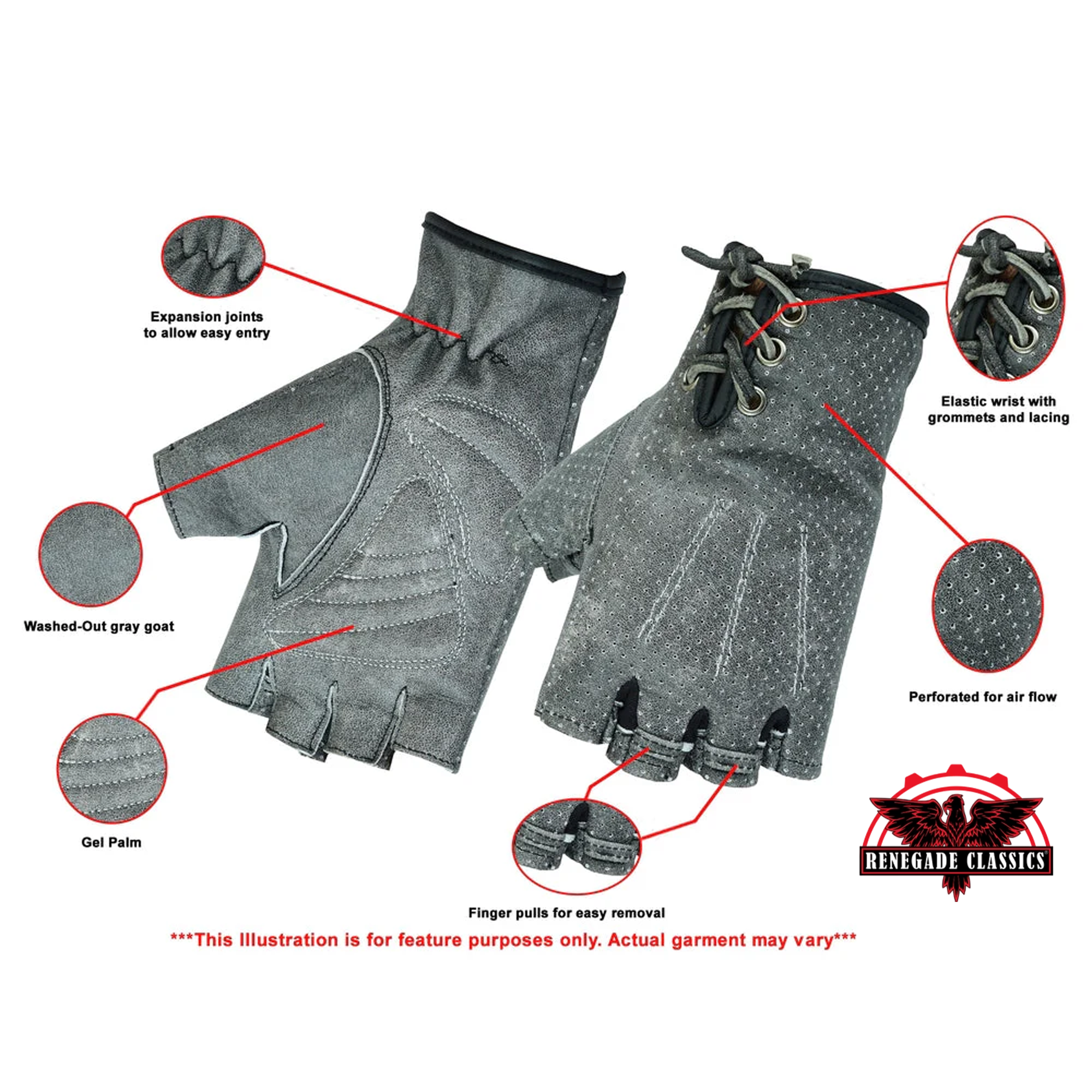 RC74 Women's Washed-Out Gray Perforated Fingerless Glove