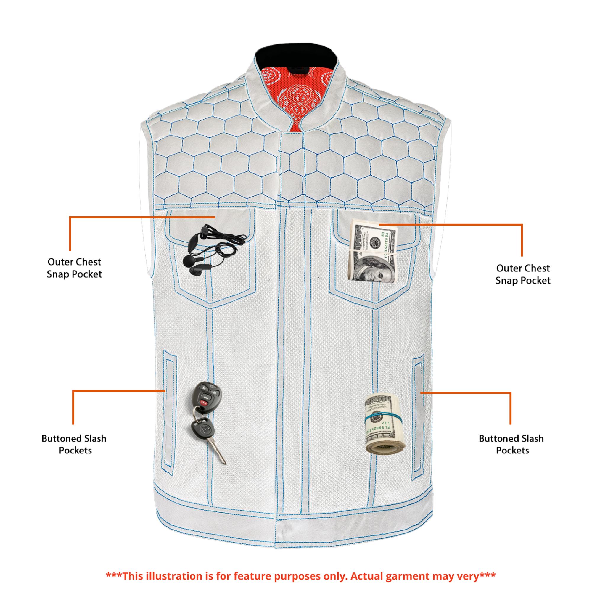 Night Tiger Men’s Black Mesh Textile Vest with Orange Diamond Stitch