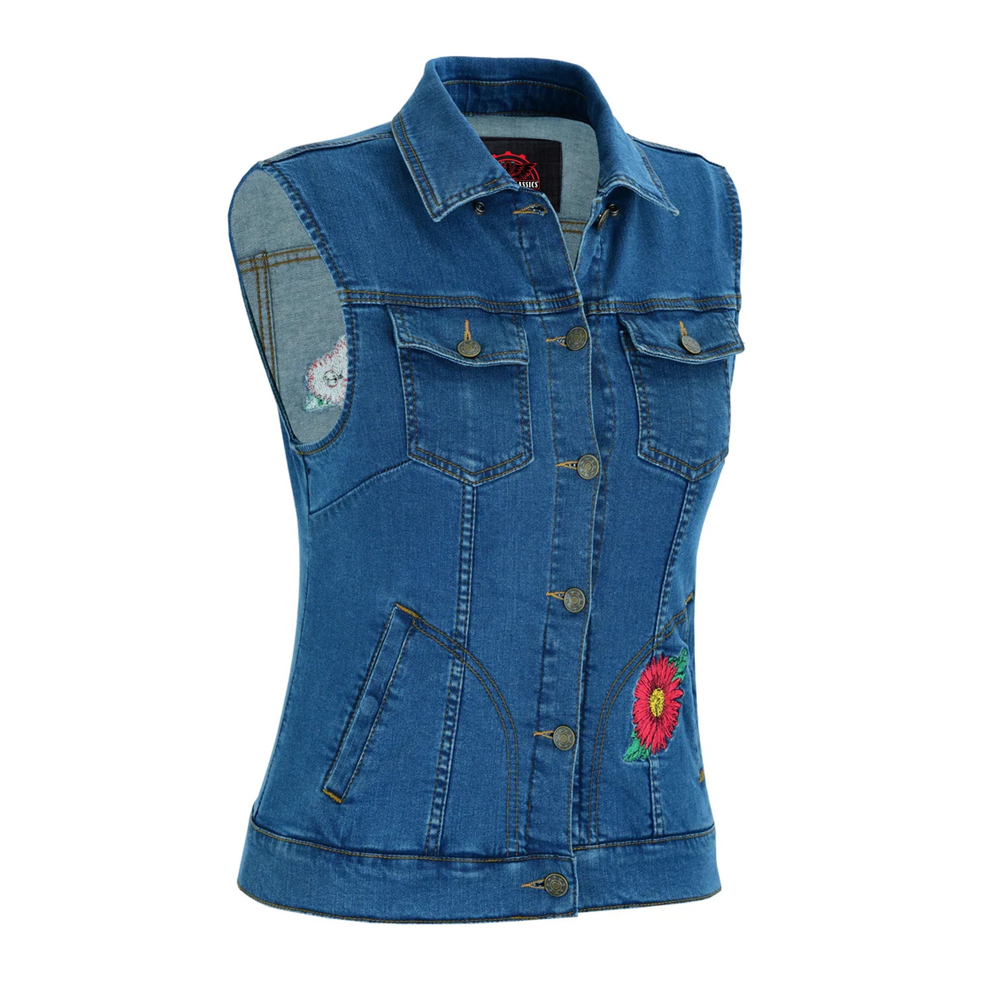 RM944 Women's Blue Denim Snap Front Vest with Red Daisy