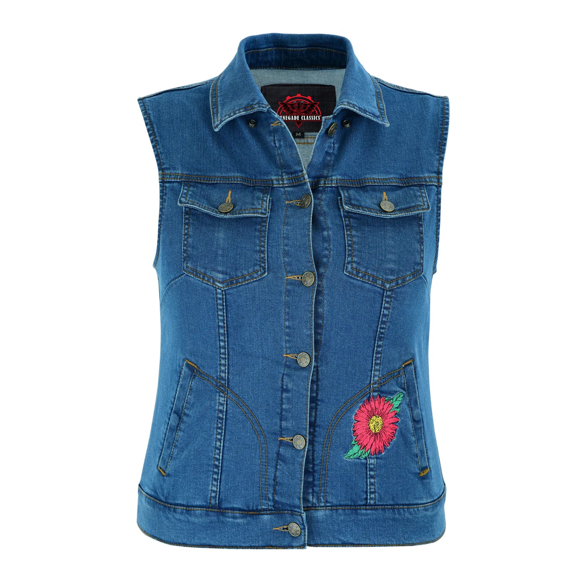 RM944 Women's Blue Denim Snap Front Vest with Red Daisy