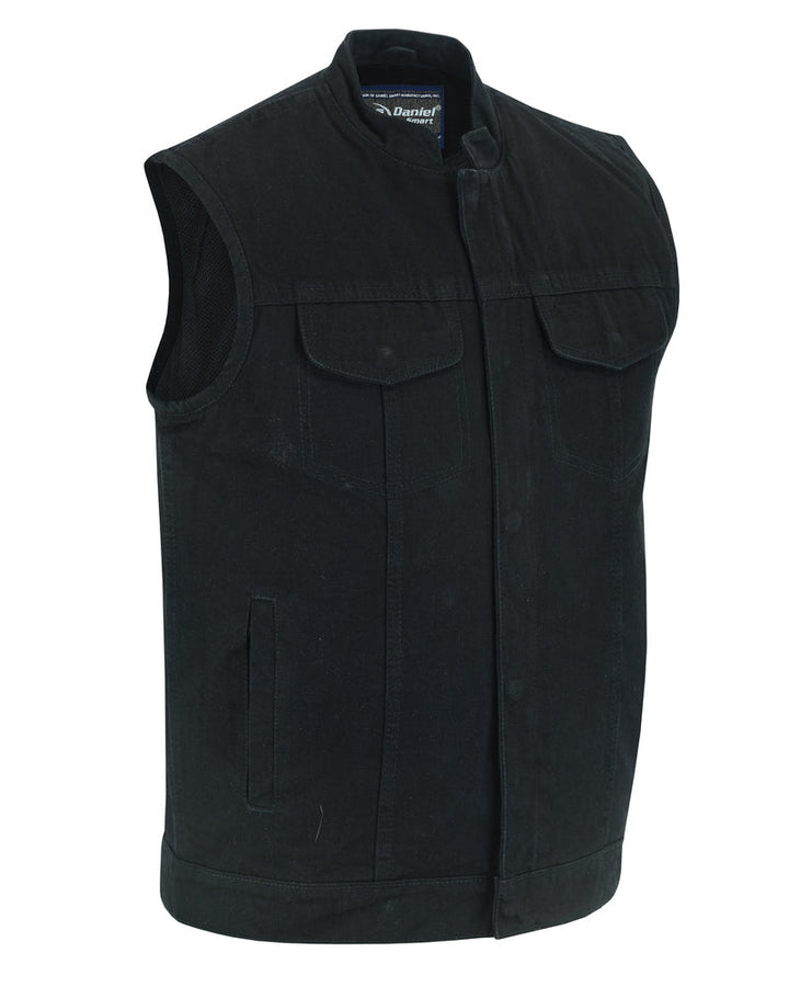 RM989BK Concealed Snap Closure, Denim Material, Scoop Collar & Hidden