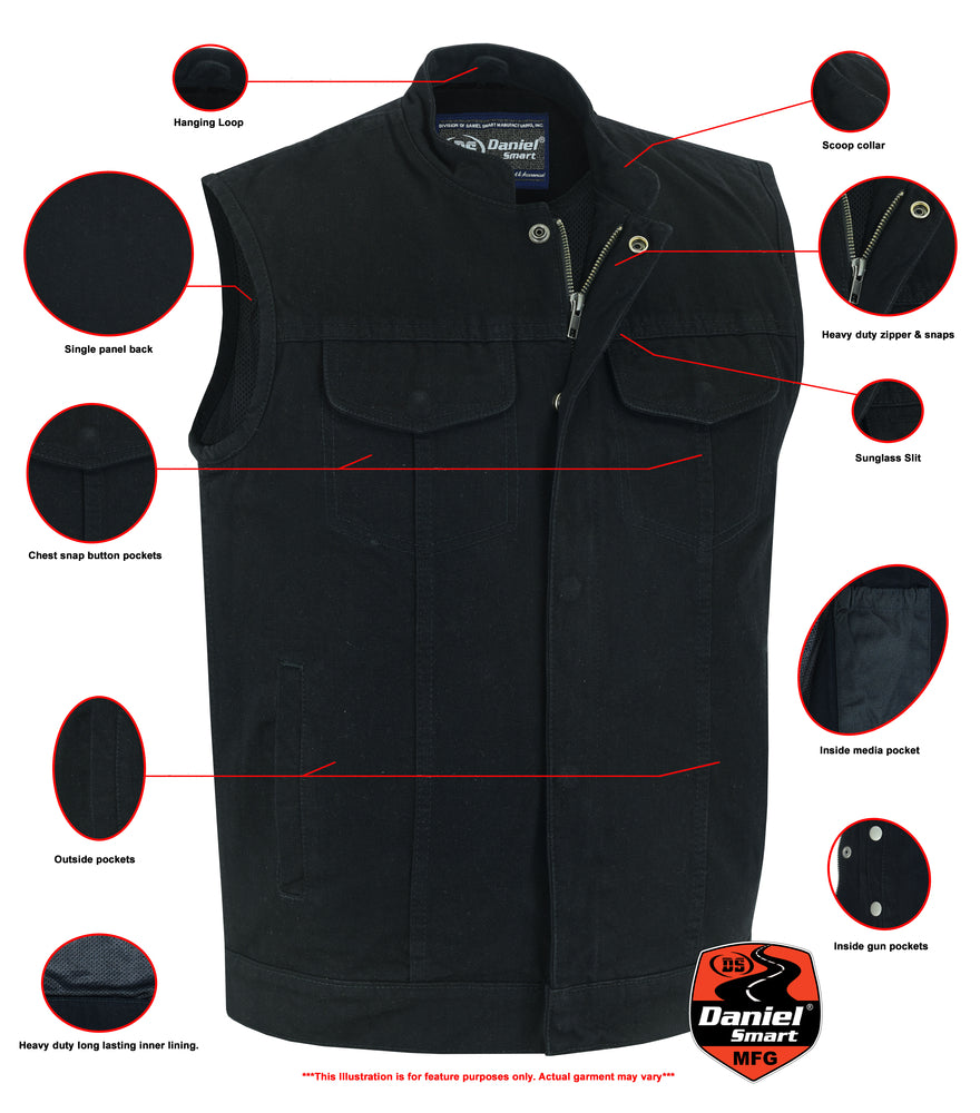 RM989BK Concealed Snap Closure, Denim Material, Scoop Collar & Hidden
