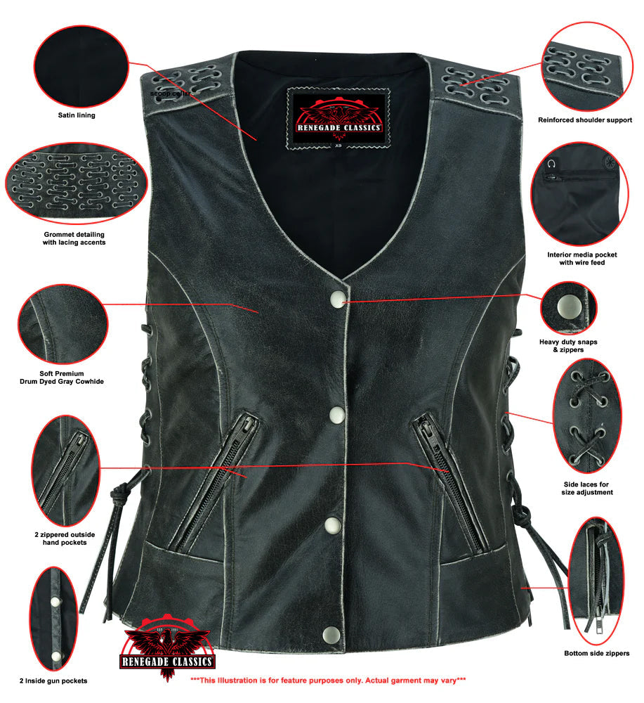 RC285V Women's Gray Vest with Grommet and Lacing Accents