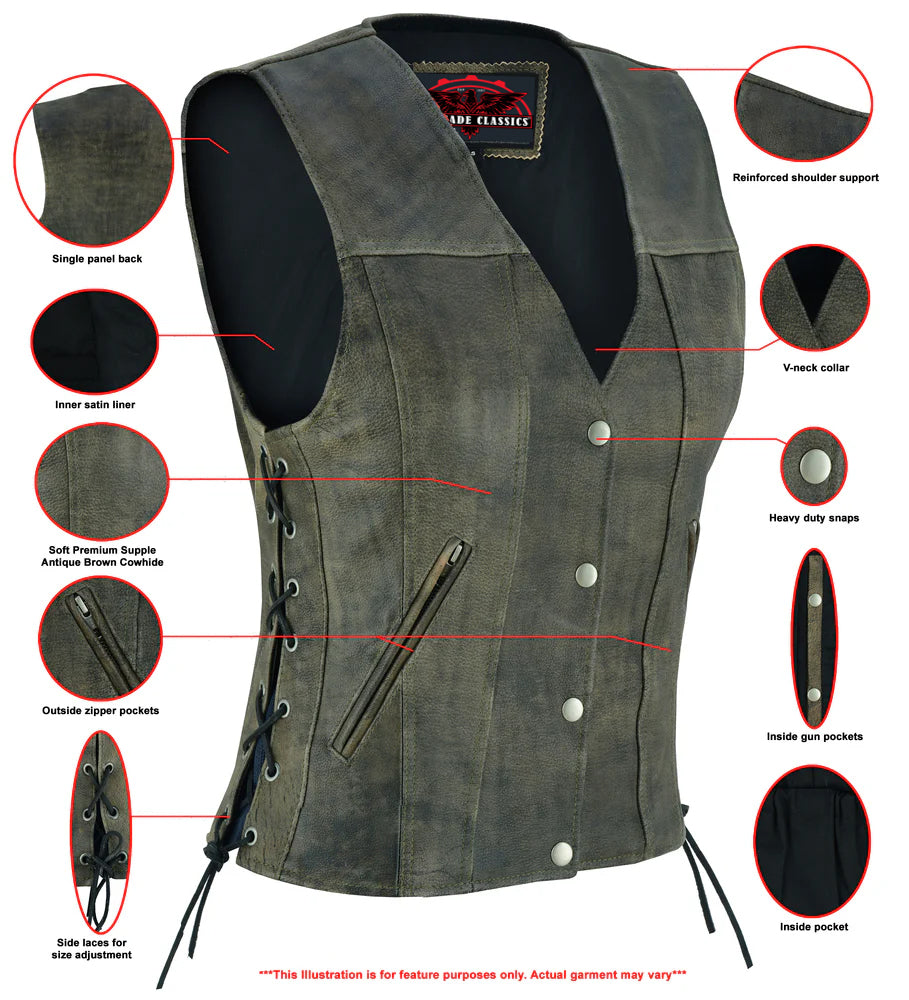 RC207 Women's Antique Brown Single Back Panel Concealed Carry Vest