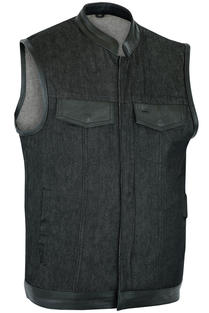 RM962 Men's Rough Rub-Off Raw Finish Denim Vest W/Leather Trim - Scoop Collar