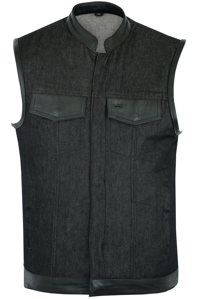 RM962 Men's Rough Rub-Off Raw Finish Denim Vest W/Leather Trim - Scoop Collar