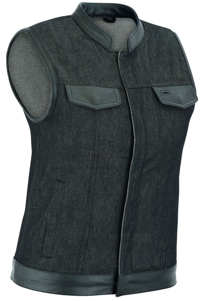 RM963 Women's Rough Rub-Off Raw Finish Denim Vest W/Leather Trim