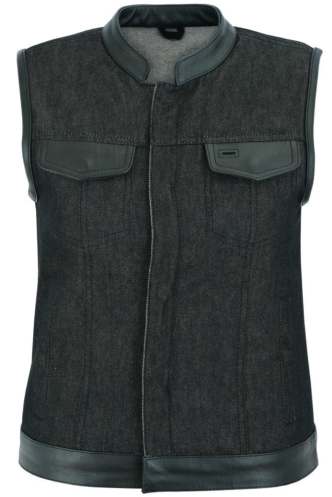 RM963 Women's Rough Rub-Off Raw Finish Denim Vest W/Leather Trim