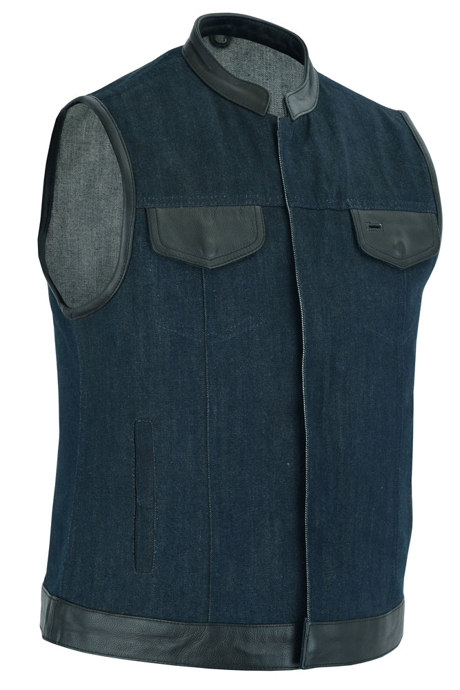 RM964 Women's Broken Blue Rough Rub-Off Raw Finish Denim Vest W/Leather Trim