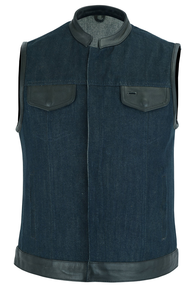 RM964 Women's Broken Blue Rough Rub-Off Raw Finish Denim Vest W/Leather Trim